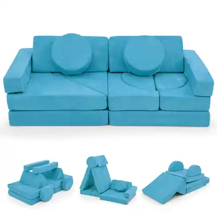 Front. Costway - Costway 14 PCS Modular Kids Play Couch Child Sectional Sofa Toddler Soft Playset - Blue.