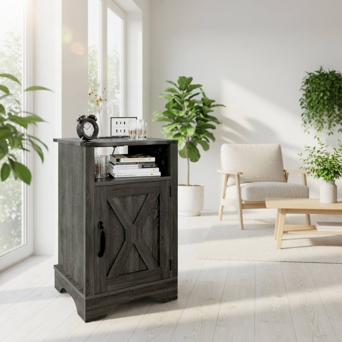 Alt View 4. Loheer - Loheer Farmhouse Nightstand with Charging Station, Dark Gray, 16-Inch Cabinet End Table - Dark Gray.