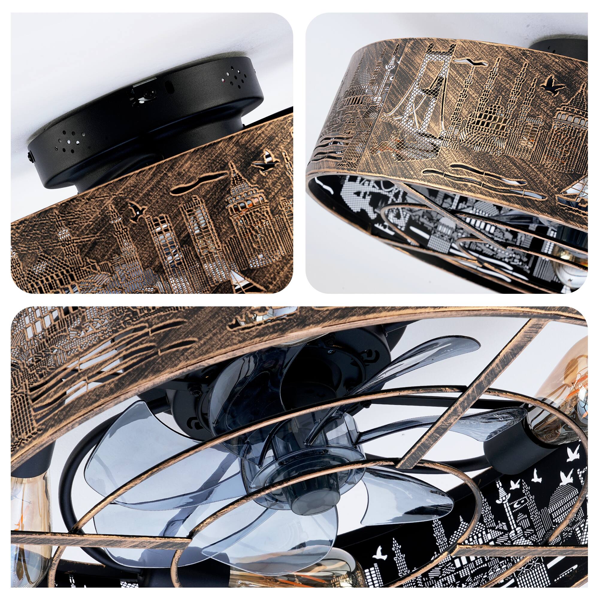 Alt View 6. Sofucor - 20'' Caged Ceiling Fans with Lights & Remote Enclosed Fandalier Farmhouse Bronze Flush Mount Fan Reversible for Bedroom - Bronze.