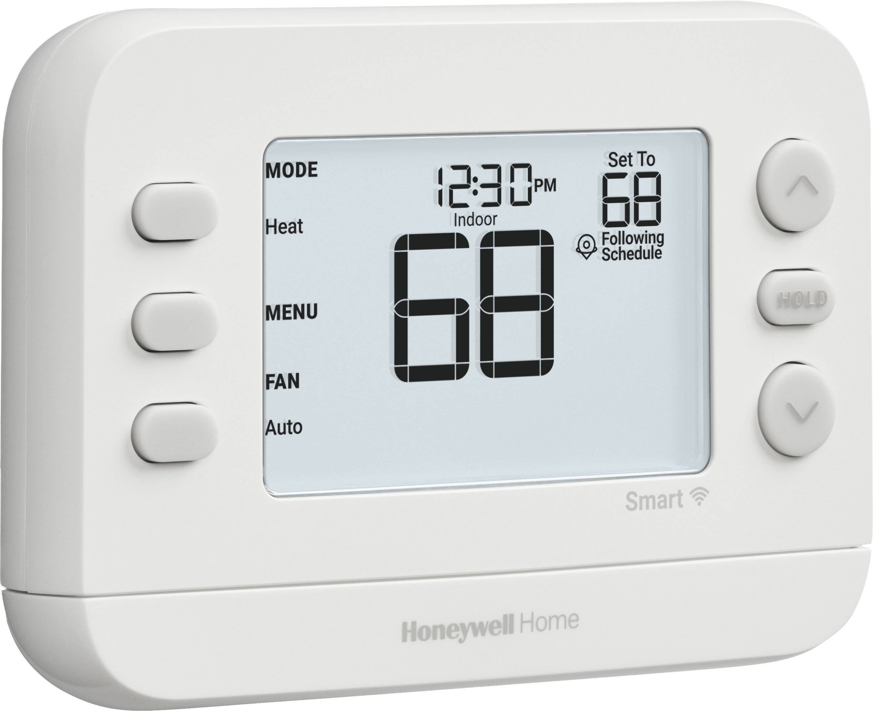 The text on the image reads: "MODE Heat MENU FAN Auto Set To 12:30 PM Indoor 68 Following Schedule 68 HOLD Smart Honeywell Home."