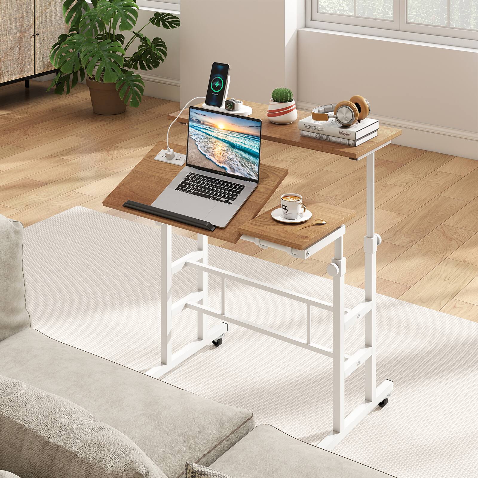 Alt View 1. Costway - Costway Mobile Stand up Desk Adjustable Computer Desk Tilting Workstation - Natural.