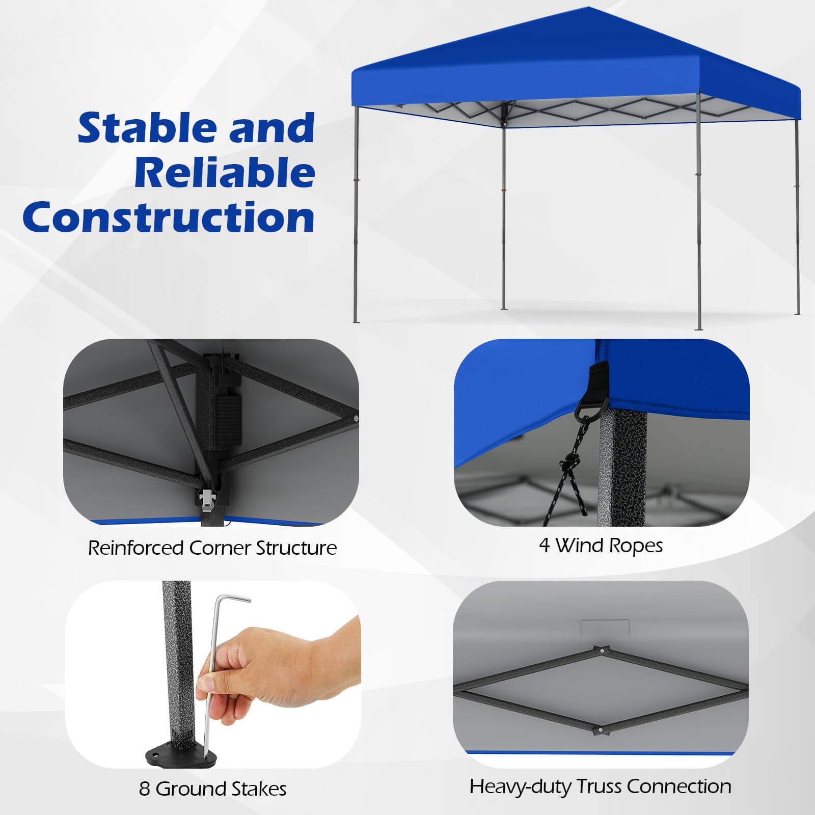 Stable and Reliable Construction

- Reinforced Corner Structure
- 4 Wind Ropes
- 8 Ground Stakes
- Heavy-duty Truss Connection