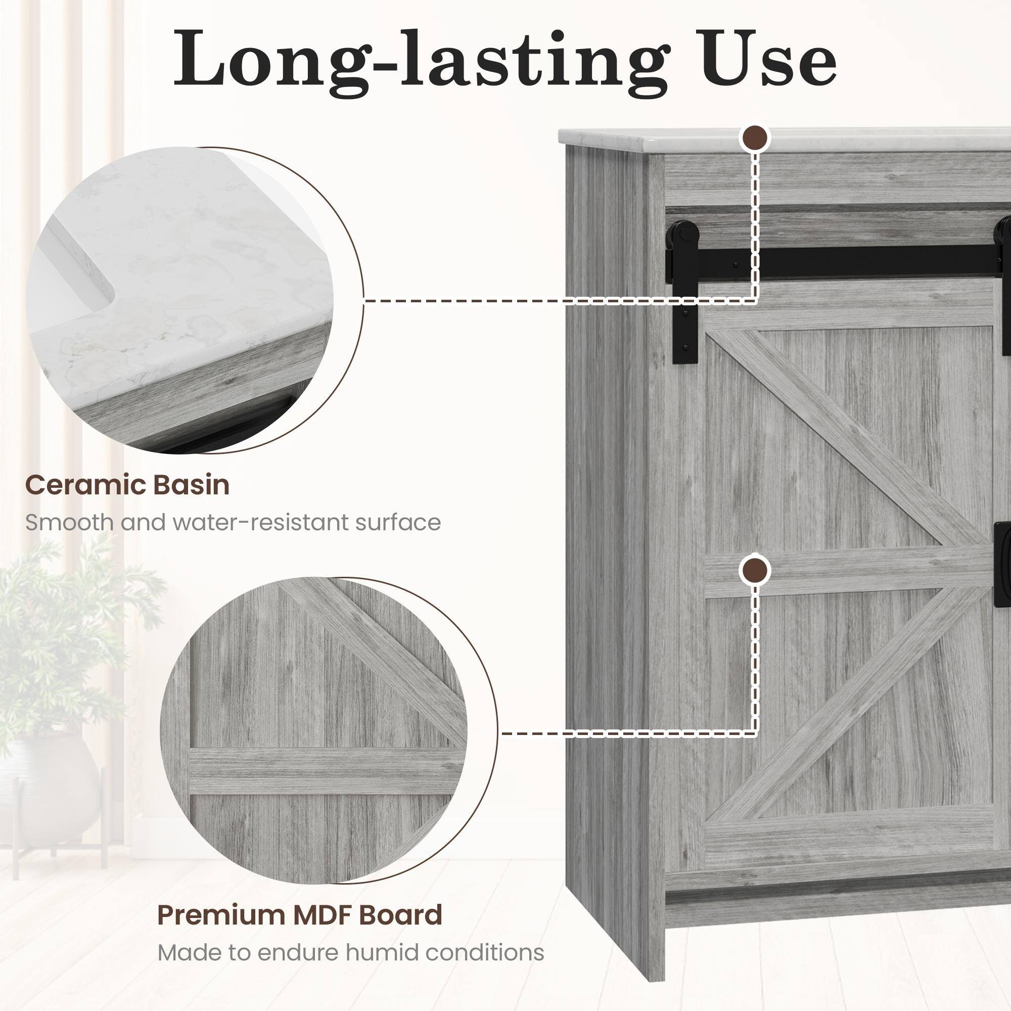 Long-lasting Use

Ceramic Basin  
Smooth and water-resistant surface

Premium MDF Board  
Made to endure humid conditions