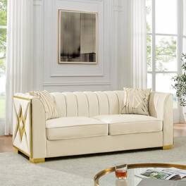 Anysun - 81" 3-Seat Velvet Chesterfield Sofa with 2 Pillows - Button Tufted, Gold Stainless Steel Accents for Living Room. - Beige