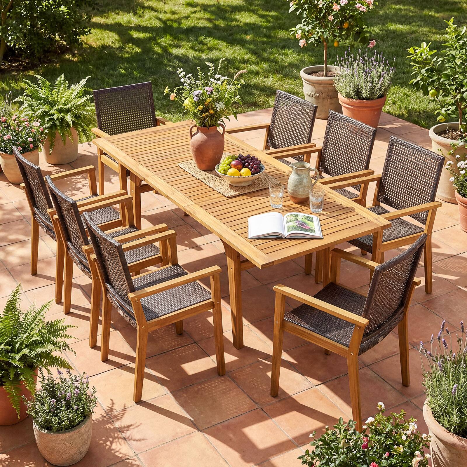 Alt View 1. Costway - Costway 9 PCS Expandable Patio Dining Set with 1.97" Umbrella Hole & 8 Armchairs for Garden - Mix Brown & Natural.