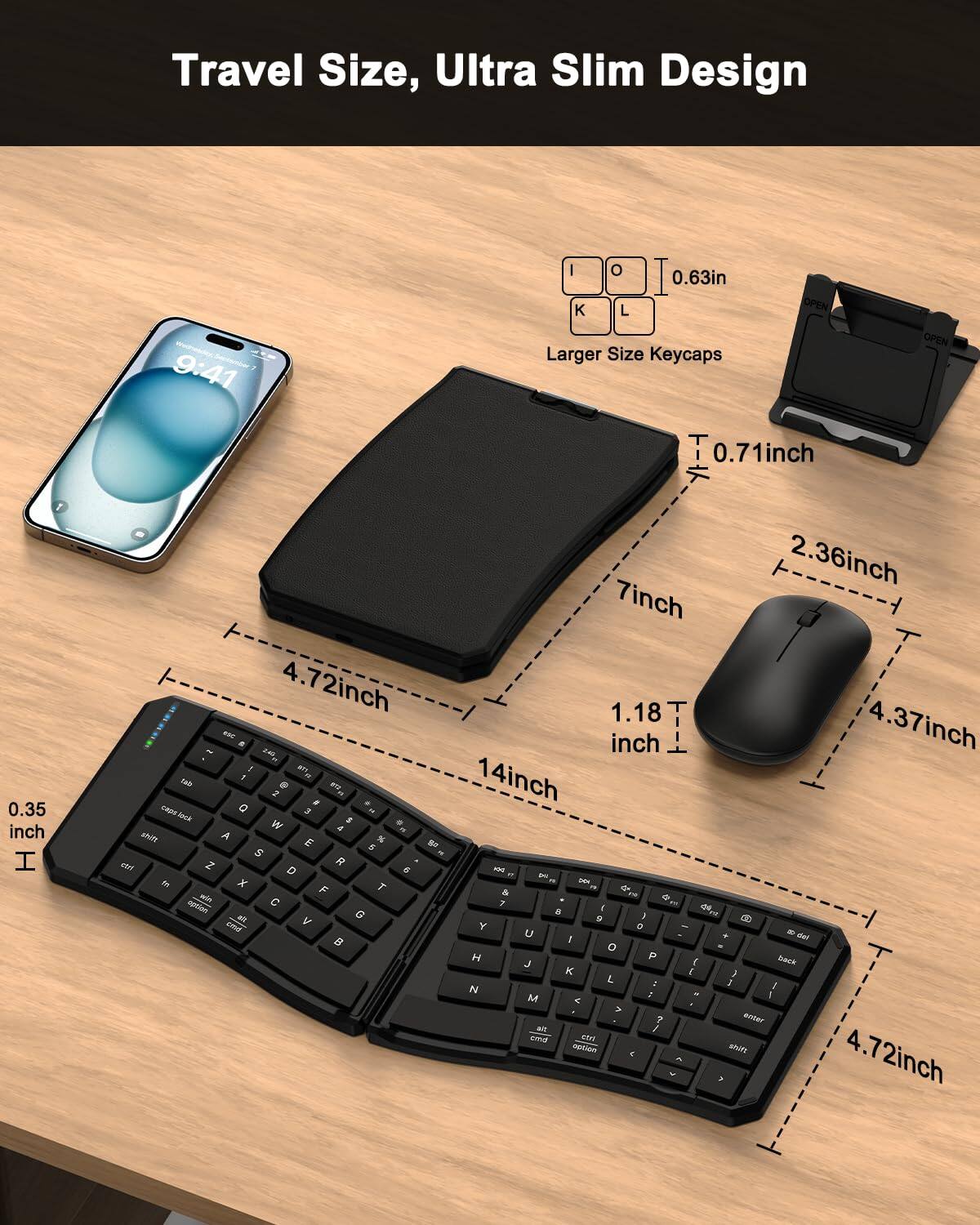 Travel Size, Ultra Slim Design

- Larger Size Keycaps: 0.63in
- 0.71inch
- 2.36inch
- 7inch
- 4.37inch
- 1.18 inch
- 4.72inch
- 14inch
- 4inch
- 0.35 inch