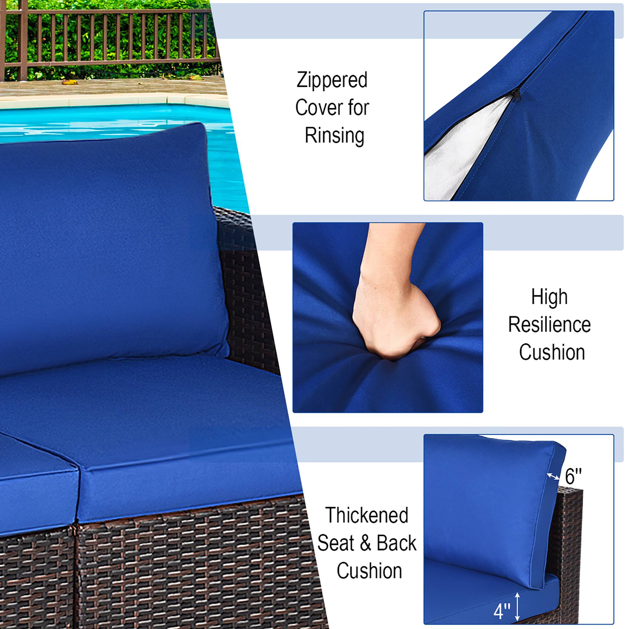 Zippered Cover for Rinsing  
High Resilience Cushion  
Thickened Seat & Back Cushion  
6" Thickened Seat & Back Cushion 4"