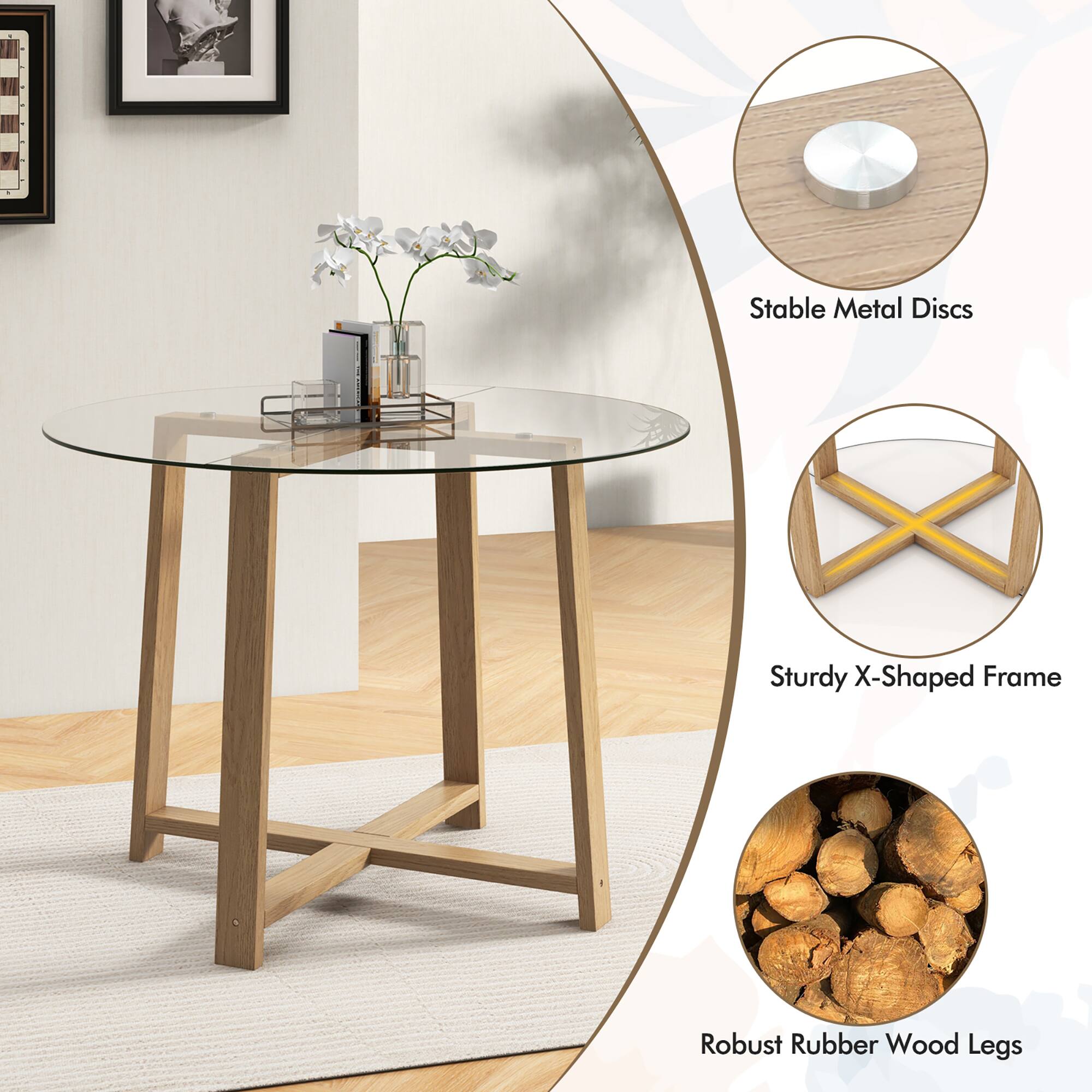 Stable Metal Discs  
Sturdy X-Shaped Frame  
Robust Rubber Wood Legs