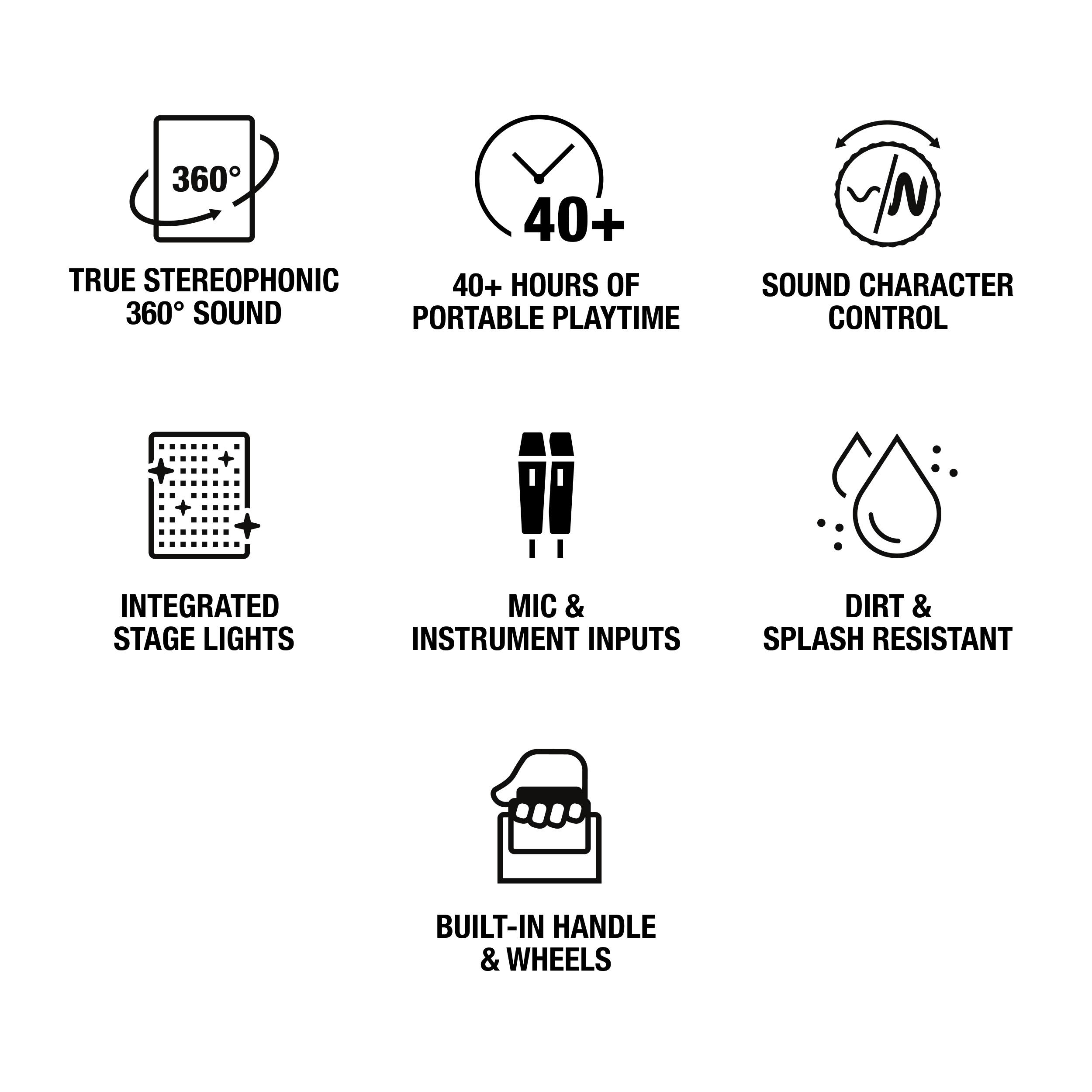 - True Stereophonic 360° Sound
- 40+ Hours of Portable Playtime
- Sound Character Control
- Integrated Stage Lights
- Mic & Instrument Inputs
- Dirt & Splash Resistant
- Built-in Handle & Wheels