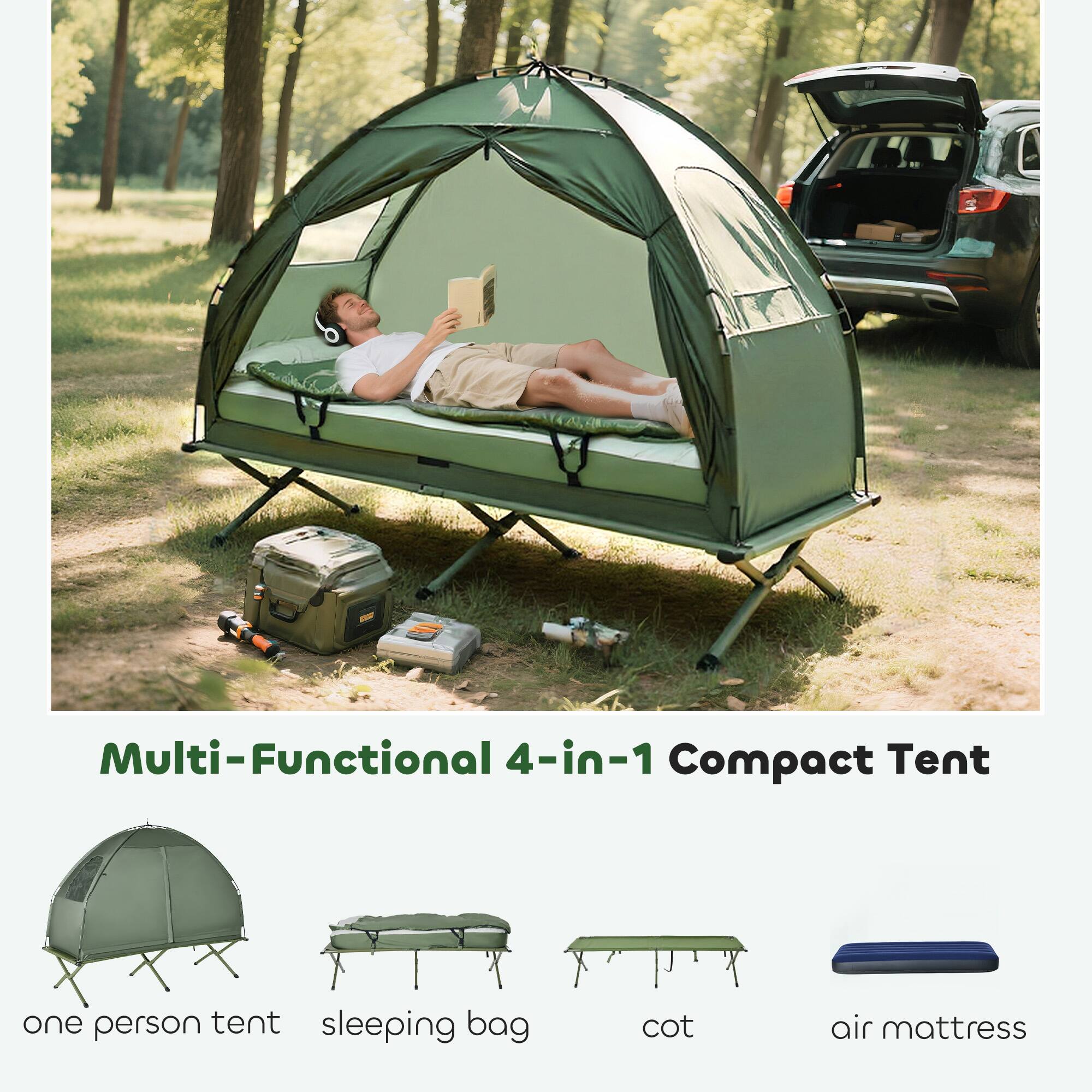 Multi-Functional 4-in-1 Compact Tent

- one person tent
- sleeping bag
- cot
- air mattress