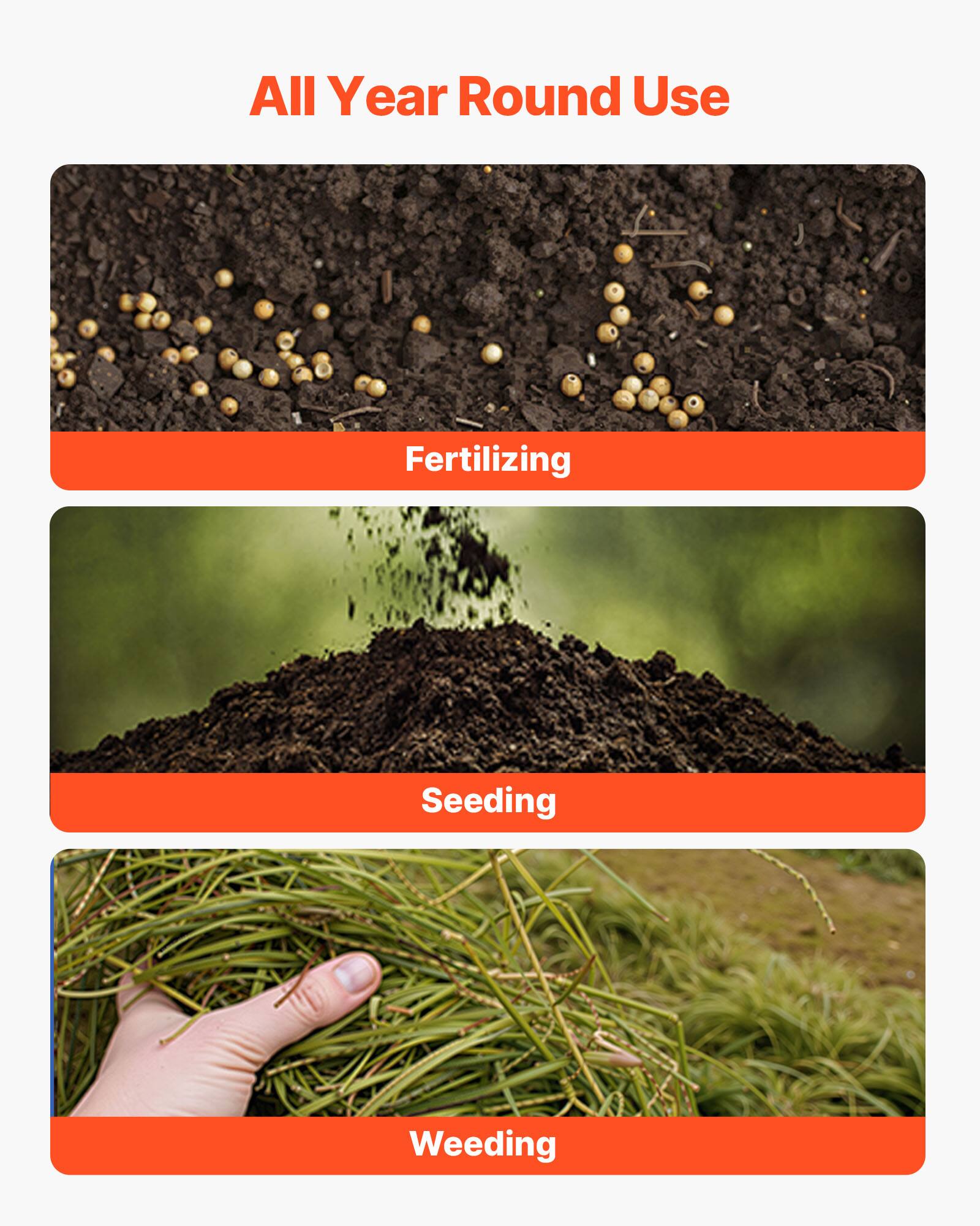 All Year Round Use

- Fertilizing
- Seeding
- Weeding