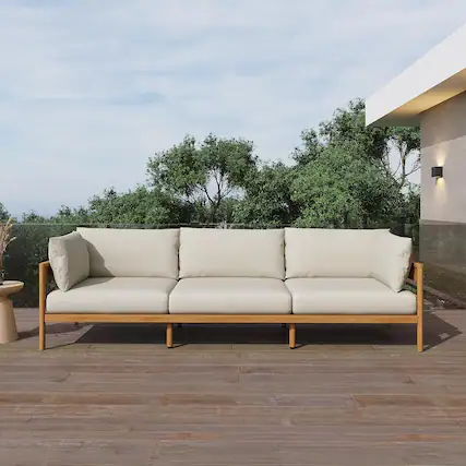 Front. Acanva - Outdoor Patio Sofa, Modern Aluminium Conversation Furniture with Thick Cushions for Backyard, Garden, Porch, Couch - Beige.