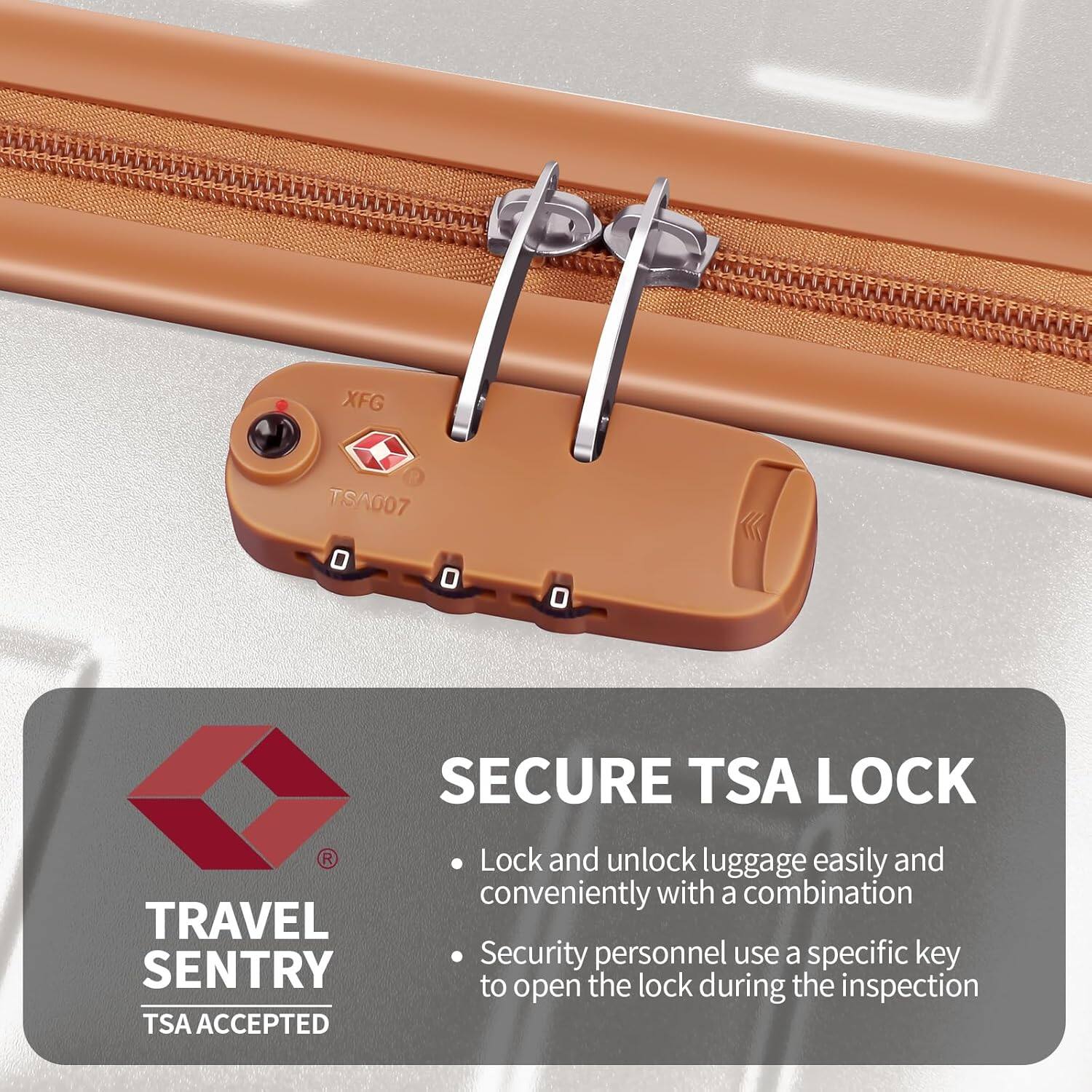 XFG TS/007

SECURE TSA LOCK

Lock and unlock luggage easily and conveniently with a combination

Security personnel use a specific key to open the lock during the inspection

TRAVEL SENTRY
TSA ACCEPTED