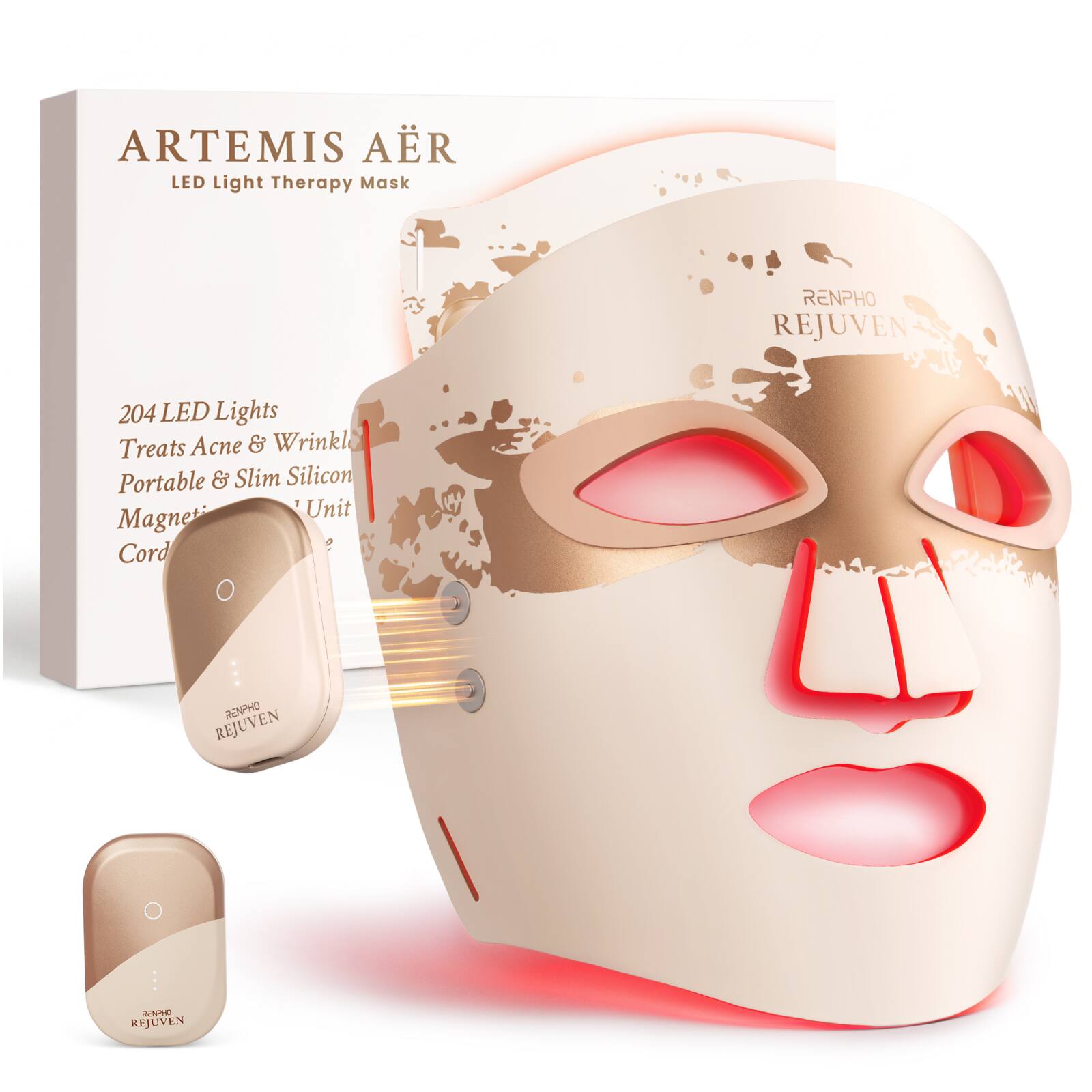 ARTEMIS AER LED Light Therapy Mask  
RENPHO REJUVEN  
204 LED Lights Treats Acne & Wrinkles Portable & Slim Silicon Unit Magnetic Cord