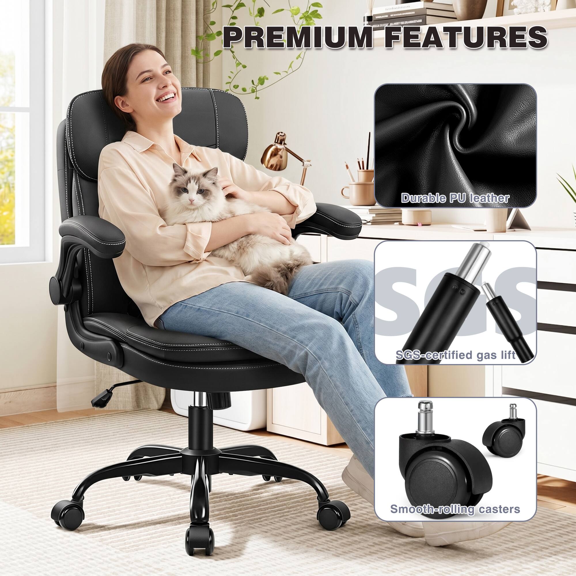 PREMIUM FEATURES

- Durable PU leather
- SGS-certified gas lift
- Smooth-rolling casters