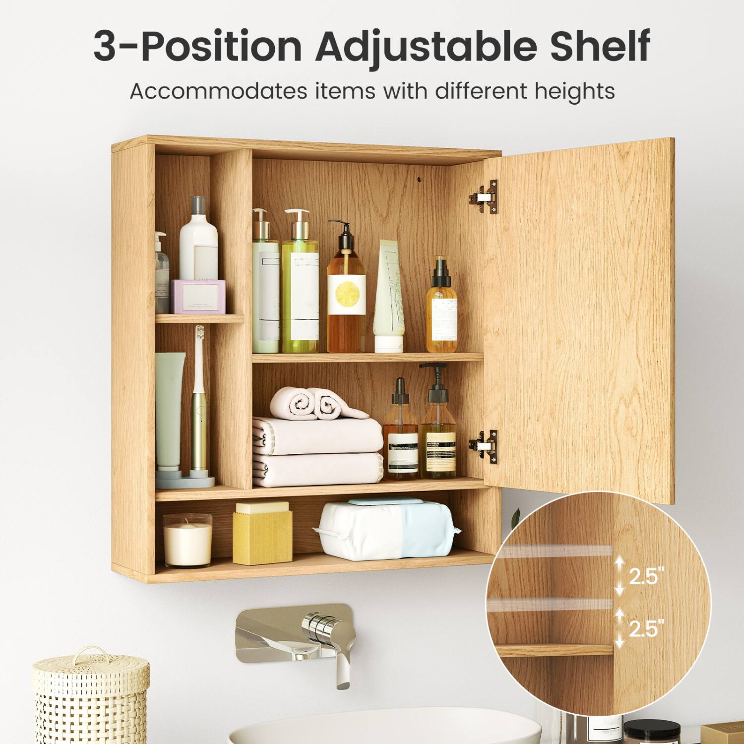 3-Position Adjustable Shelf Accommodates items with different heights

2.5"
2.5"