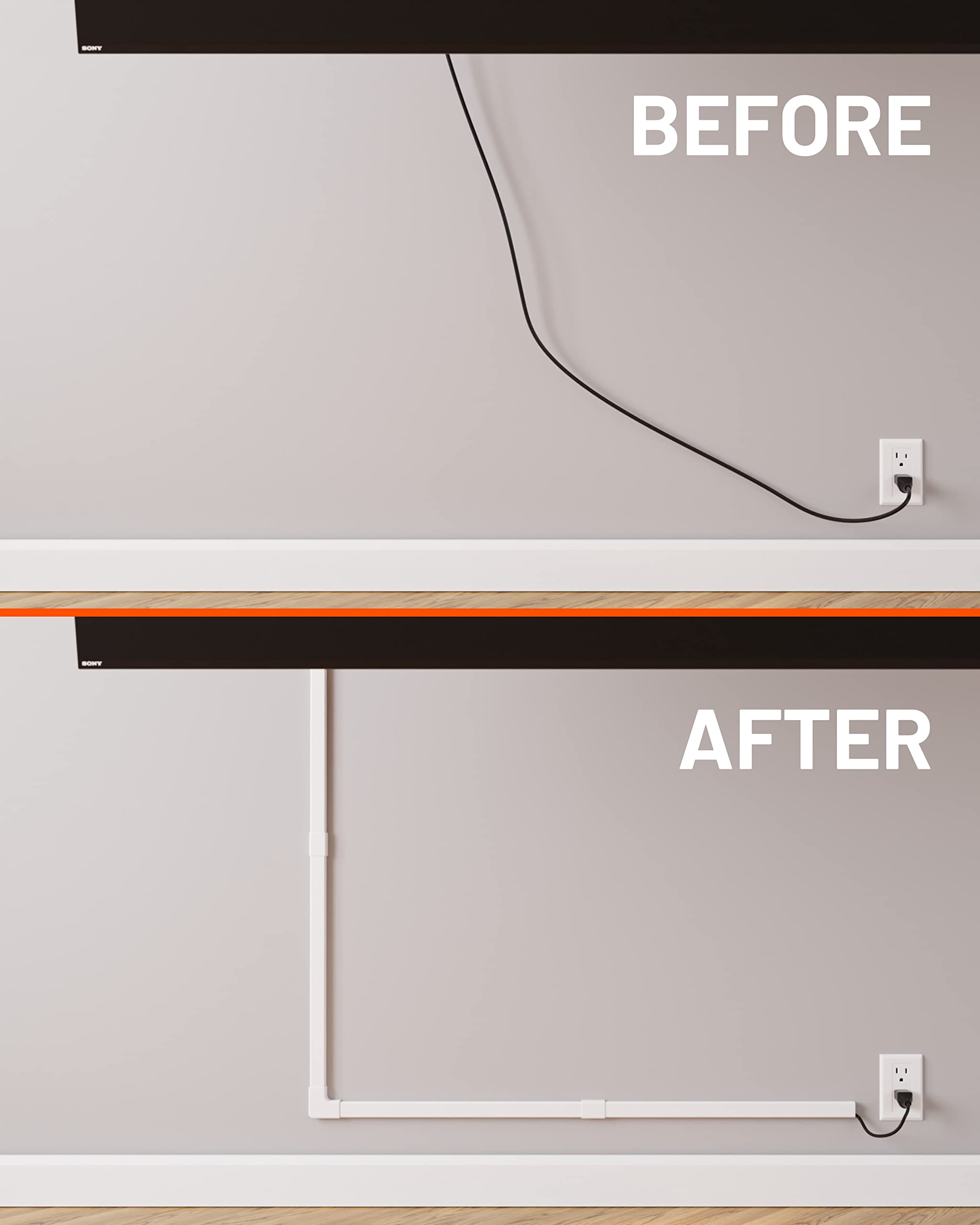 - BEFORE: A TV with a visible cable hanging down to a power outlet.
- AFTER: A TV with a cable neatly organized and hidden behind a white bracket attached to the wall.