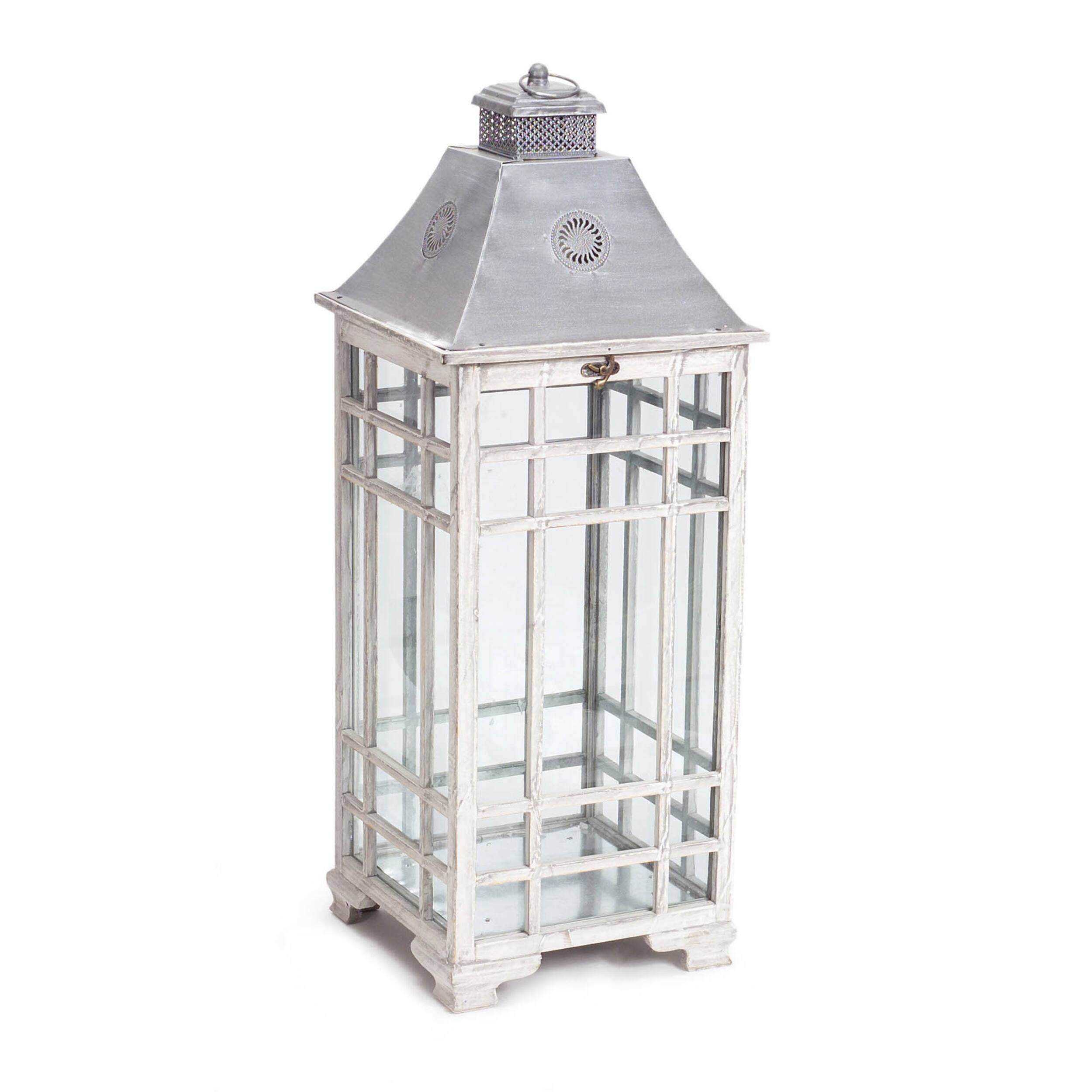 Left. BreeBe - Traditional Farmhouse Lantern with Metal Lid (Set of 2) - Grey, White.