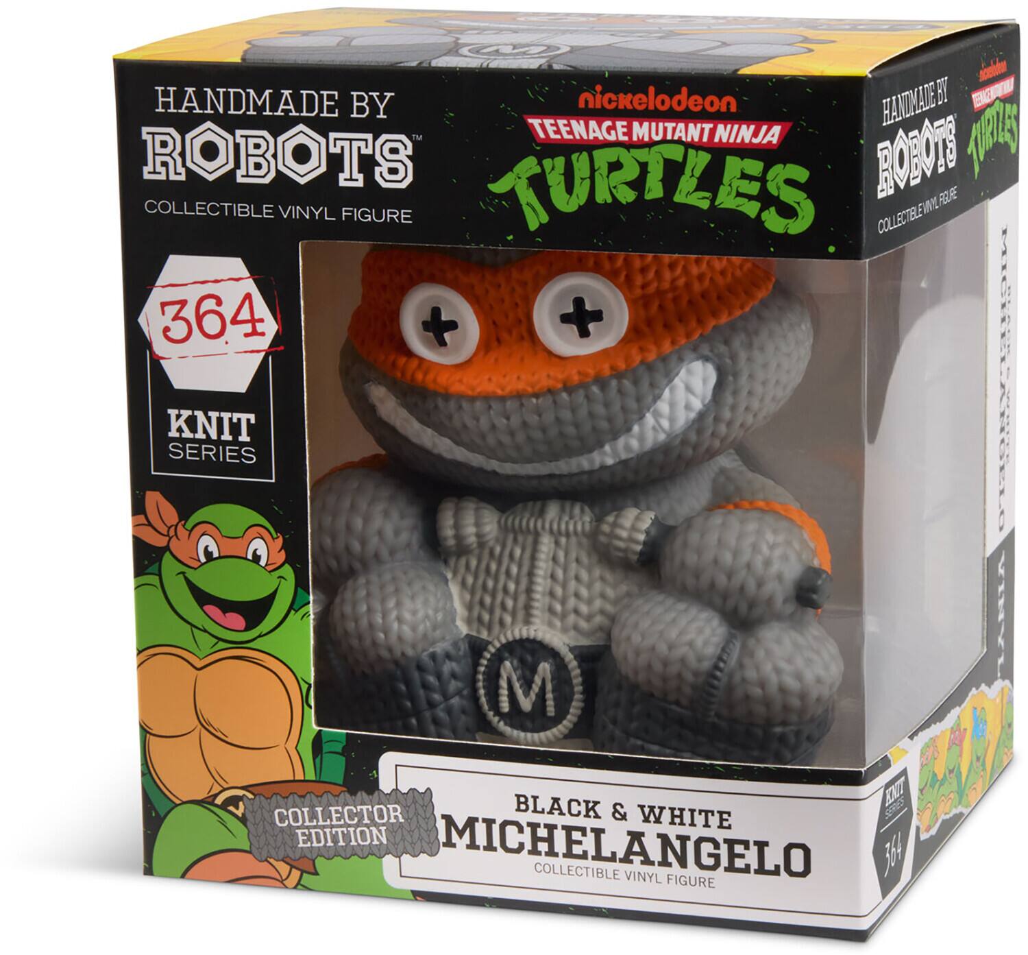 nickelodeon  
TEENAGE MUTANT NINJA TURTLES  
HANDMADE BY ROBOTS  
COLLECTIBLE VINYL FIGURE  
364  
KNIT SERIES  
COLLECTOR EDITION  
BLACK & WHITE  
MICHELANGELO  
COLLECTIBLE VINYL FIGURE