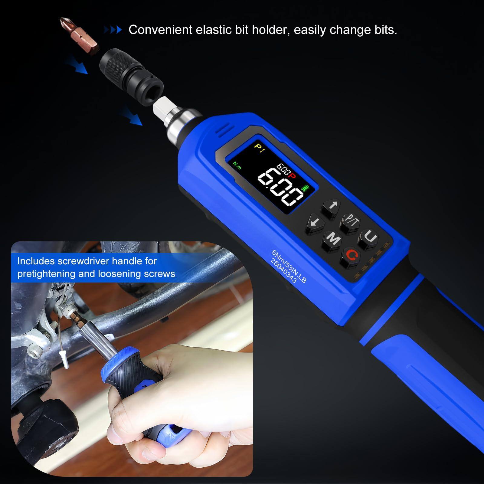 Convenient elastic bit holder, easily change bits.

Includes screwdriver handle for pretightening and loosening screws.

P1 N.m 600 6.00 I 1 1 P/T M U A C H H 25040343 N LB