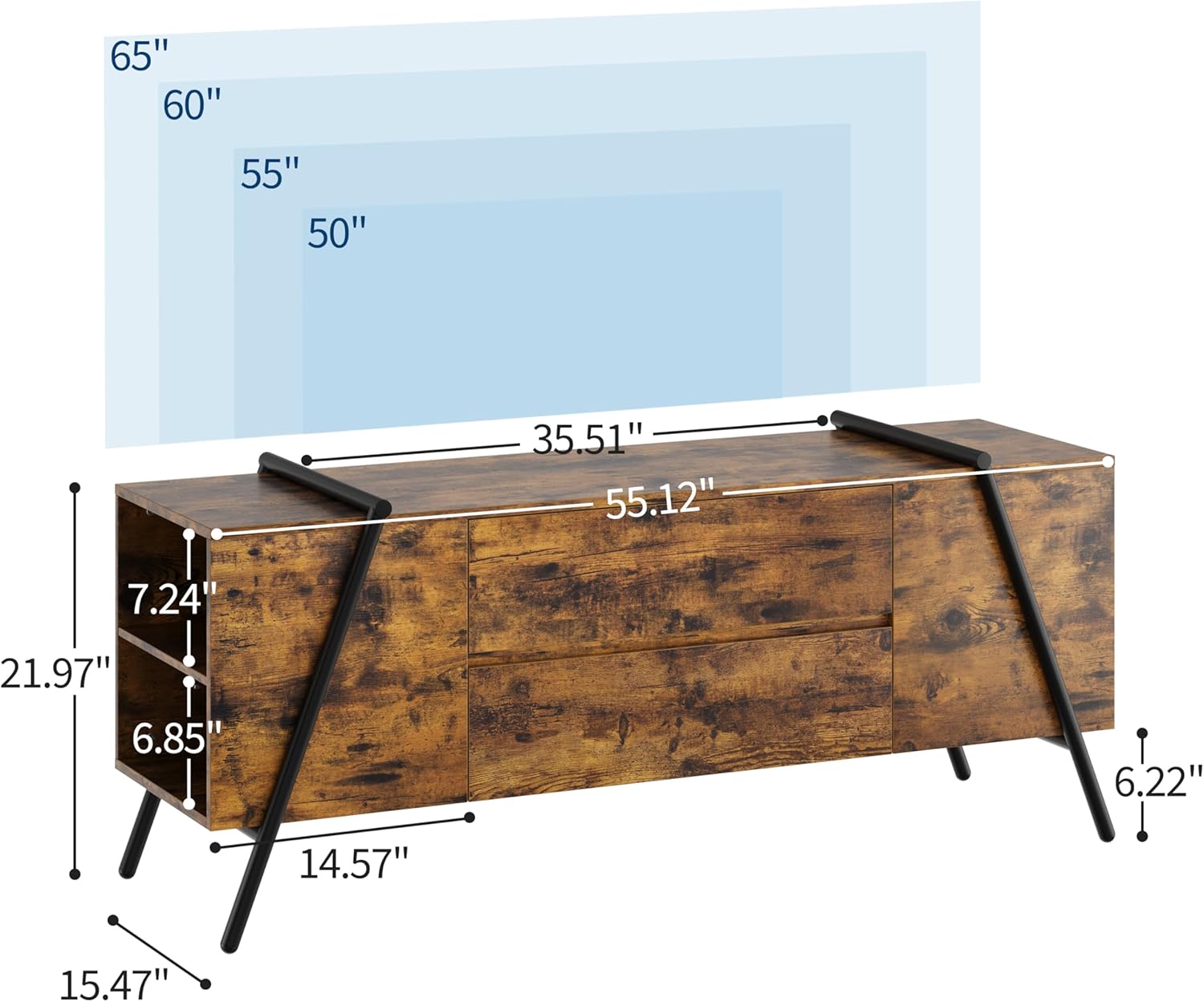 Sure, here is the corrected and grouped text from the image:

- **Screen Sizes:**
  - 65"
  - 60"
  - 55"
  - 50"

- **Table Dimensions:**
  - Length: 55.12"
  - Width: 35.51"
  - Height: 21.97"
  - Depth: 14.57"
  - Side Height: 7.24"
  - Front Height: 6.85"
  - Leg Width: 6.22"
  - Leg Angle: 15.47"