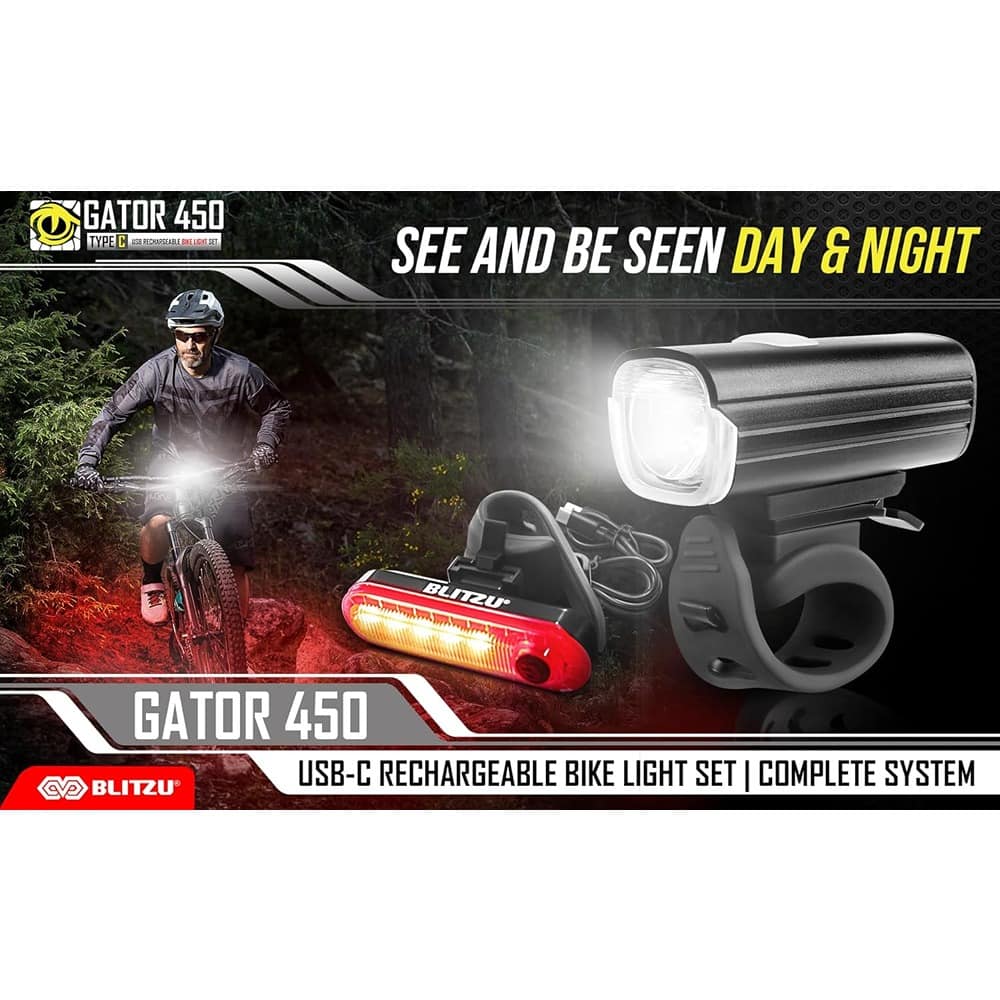 RTMB - Gator 450 USB-C Bike Light Set, LED Headlight & Taillight with Reflectors - Black