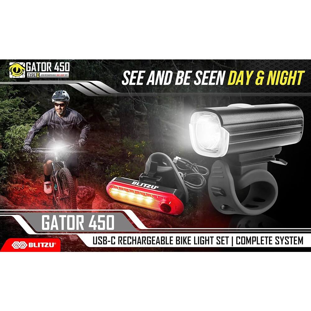 GATOR 450  
TYPE C USB-C RECHARGEABLE BIKE LIGHT SET  
SEE AND BE SEEN DAY & NIGHT  
GATOR 450  
USB-C RECHARGEABLE BIKE LIGHT SET | COMPLETE SYSTEM  
BLITZU