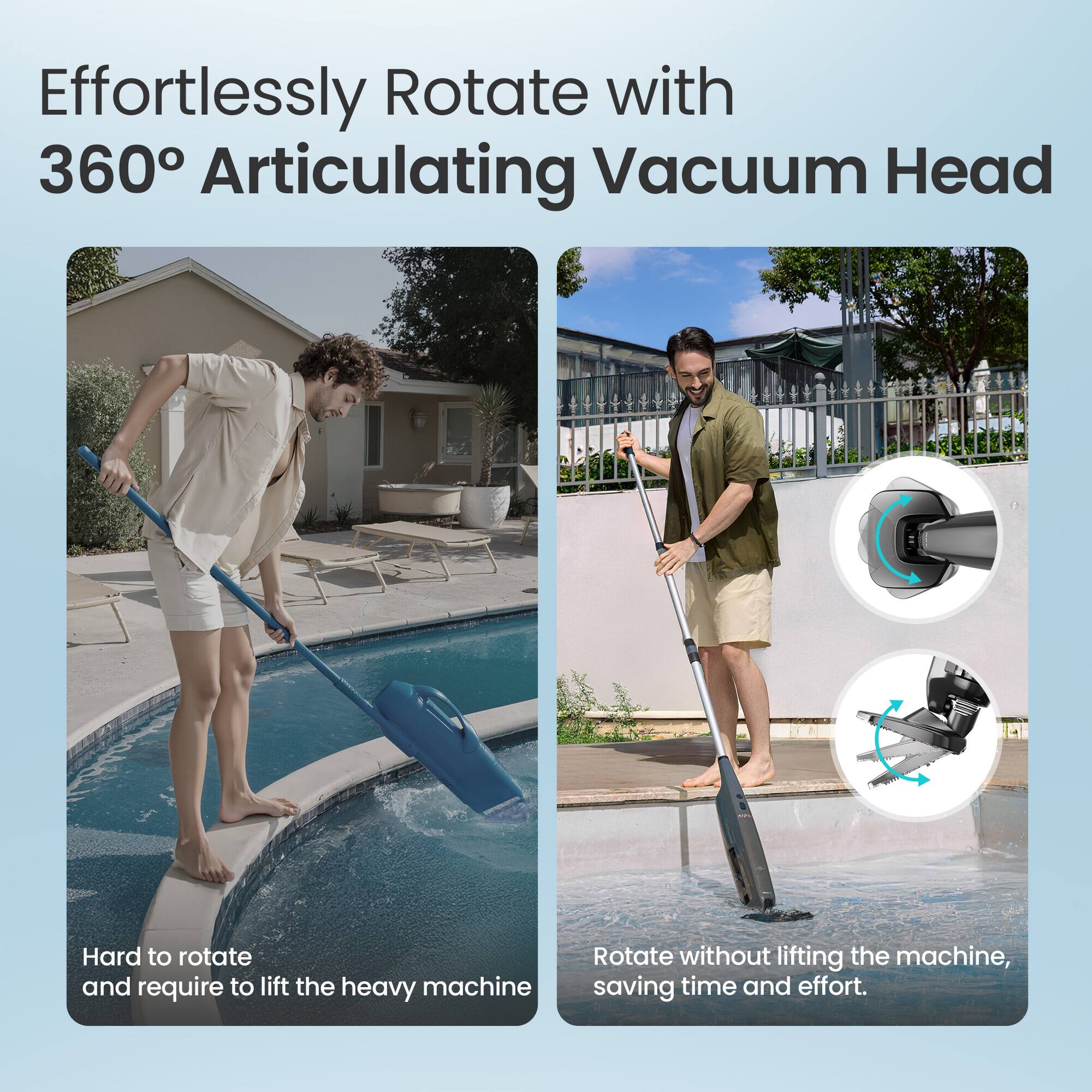 Effortlessly Rotate with 360° Articulating Vacuum Head

Hard to rotate and require to lift the heavy machine

Rotate without lifting the machine, saving time and effort.