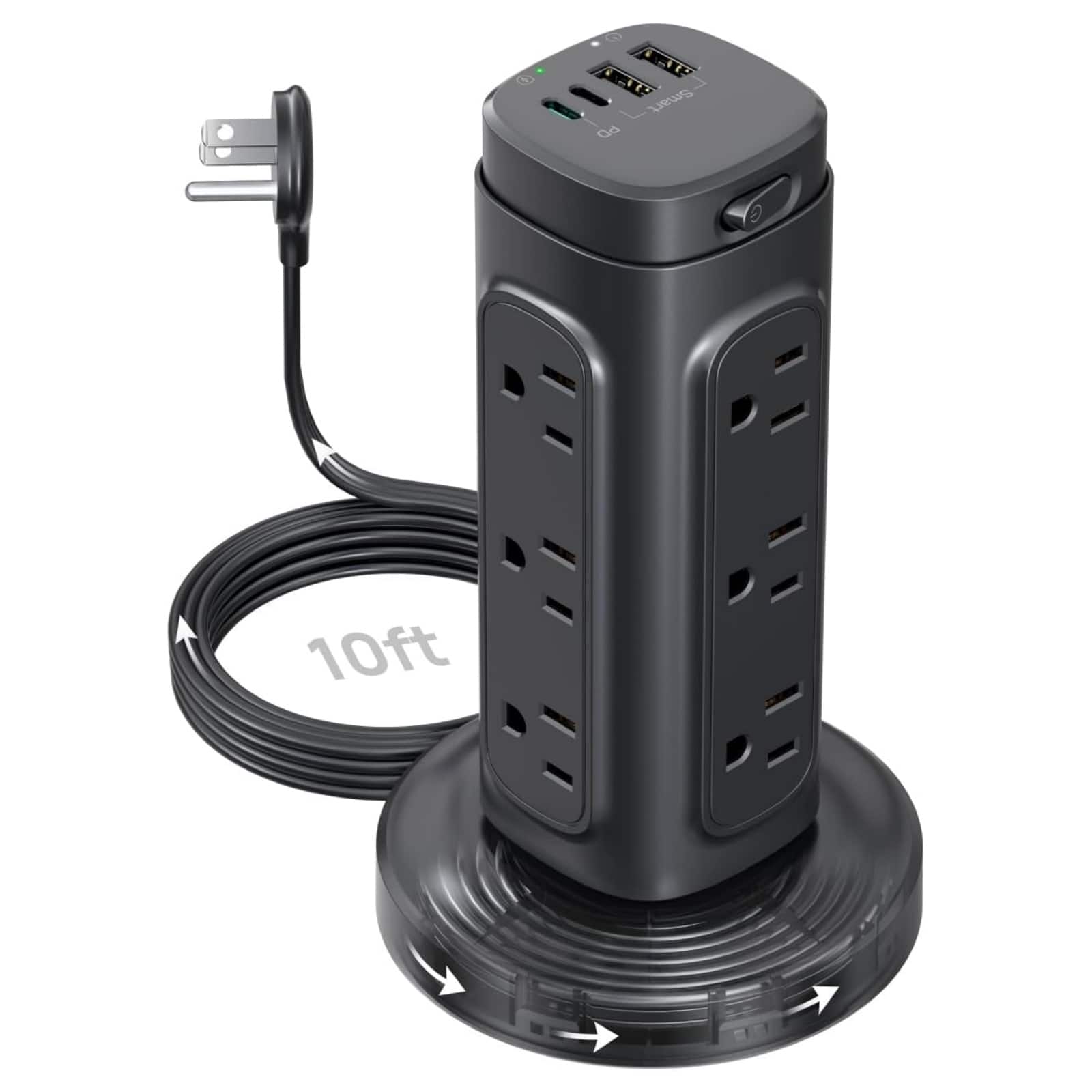 Dazzed Corner - Semi-Retractable Tower Surge Protector – USB-C PD, 10Ft Cord - Black