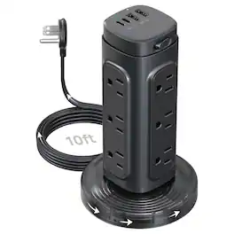 Dazzed Corner - Semi-Retractable Tower Surge Protector – USB-C PD, 10Ft Cord - Black