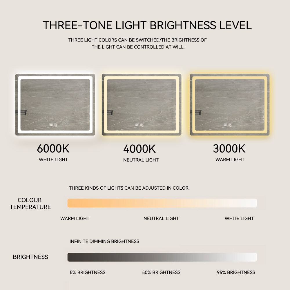 **THREE-TONE LIGHT BRIGHTNESS LEVEL**

THREE LIGHT COLORS CAN BE SWITCHED/THE BRIGHTNESS OF THE LIGHT CAN BE CONTROLLED AT WILL.

- **6000K**  
  WHITE LIGHT

- **4000K**  
  NEUTRAL LIGHT

- **3000K**  
  WARM LIGHT

**COLOUR TEMPERATURE**

THREE KINDS OF LIGHTS CAN BE ADJUSTED IN COLOR  
- WARM LIGHT  
- NEUTRAL LIGHT  
- WHITE LIGHT

**BRIGHTNESS**

INFINITE DIMMING BRIGHTNESS  
- 5% BRIGHTNESS  
- 50% BRIGHTNESS  
- 95% BRIGHTNESS