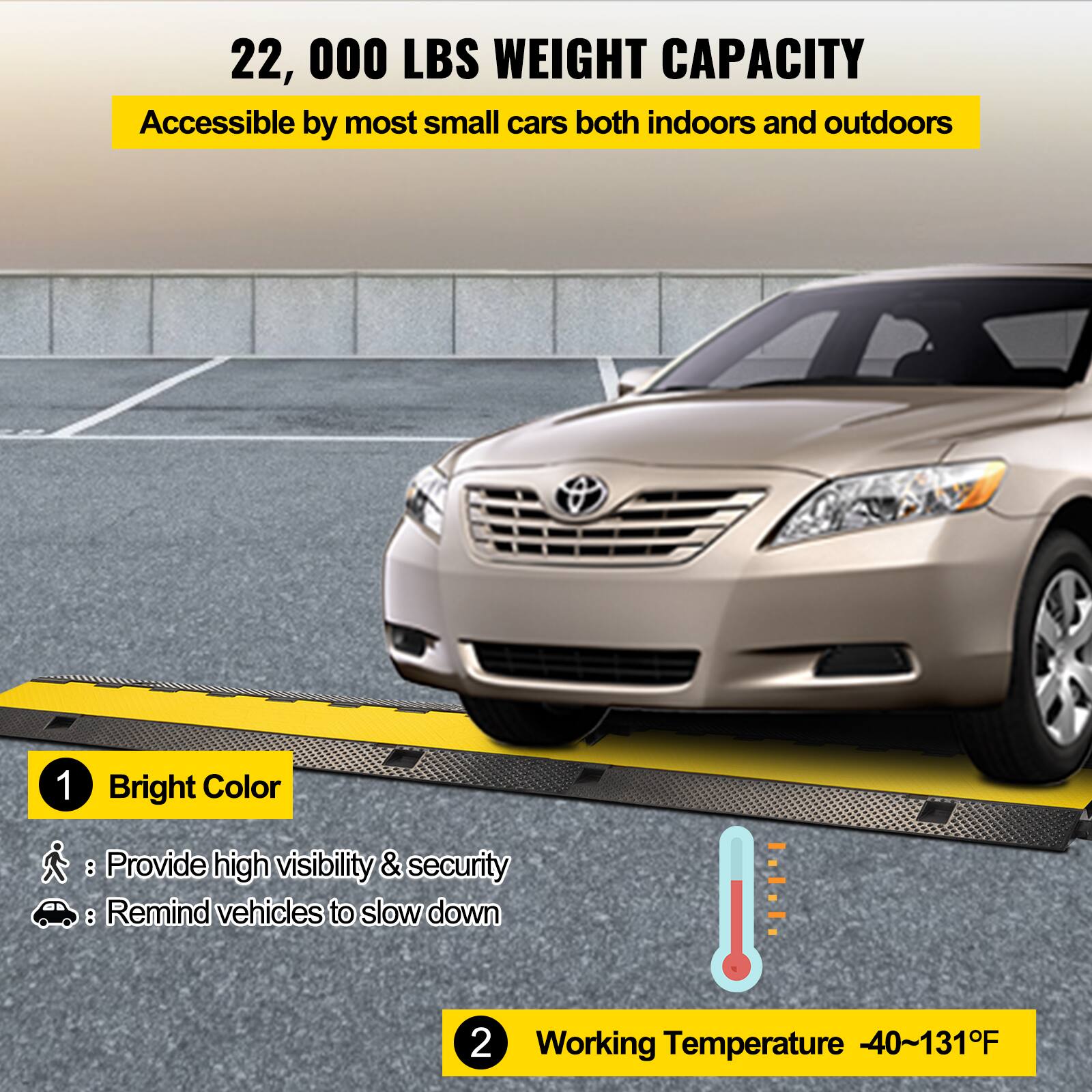 22, 000 LBS WEIGHT CAPACITY
Accessible by most small cars both indoors and outdoors
1 Bright Color
Provide high visibility & security
Remind vehicles to slow down
2 Working Temperature -40~131F