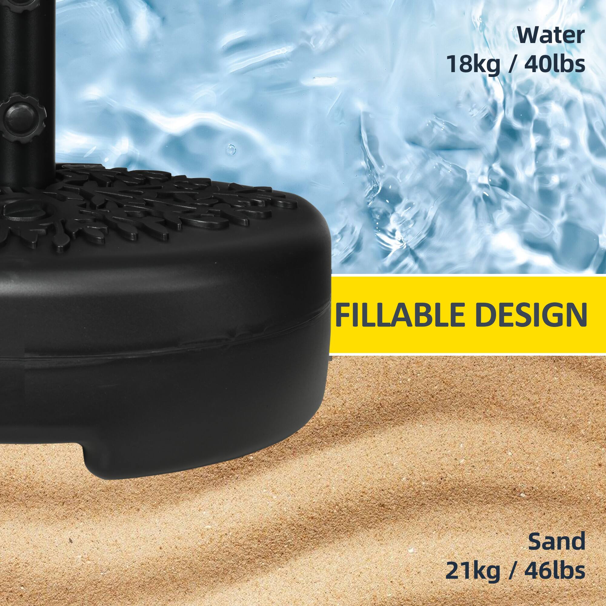 Water 18kg / 40lbs / FILLABLE DESIGN
Sand 21kg / 46lbs