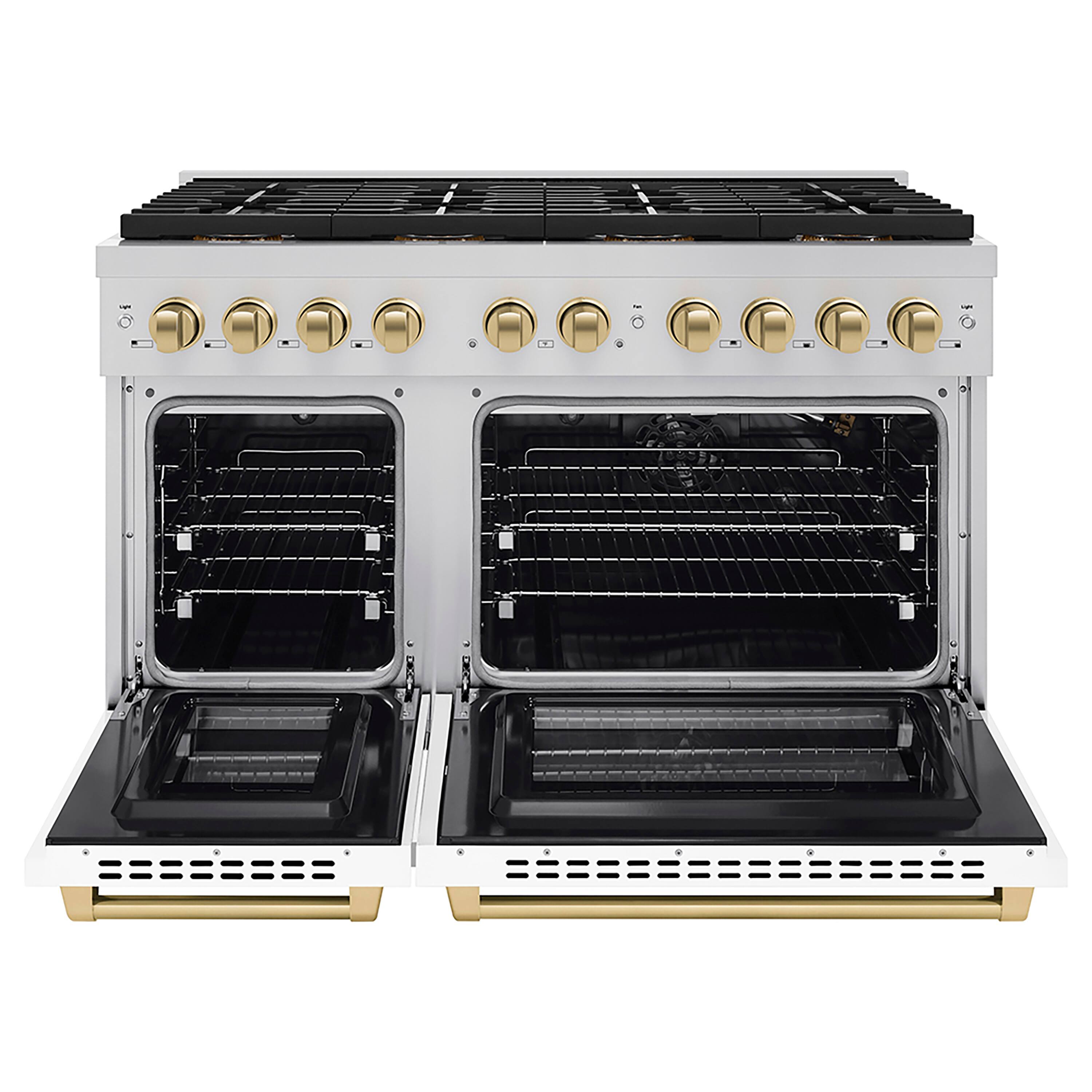 Angle. ZLINE - ZLINE Autograph 48 in. Paramount Gas Range with 8 DuoPro Burners & White Doors w/ Bronze Accents (PSGRZ-WM-48-CB) - Stainless Steel with White Matte Door.