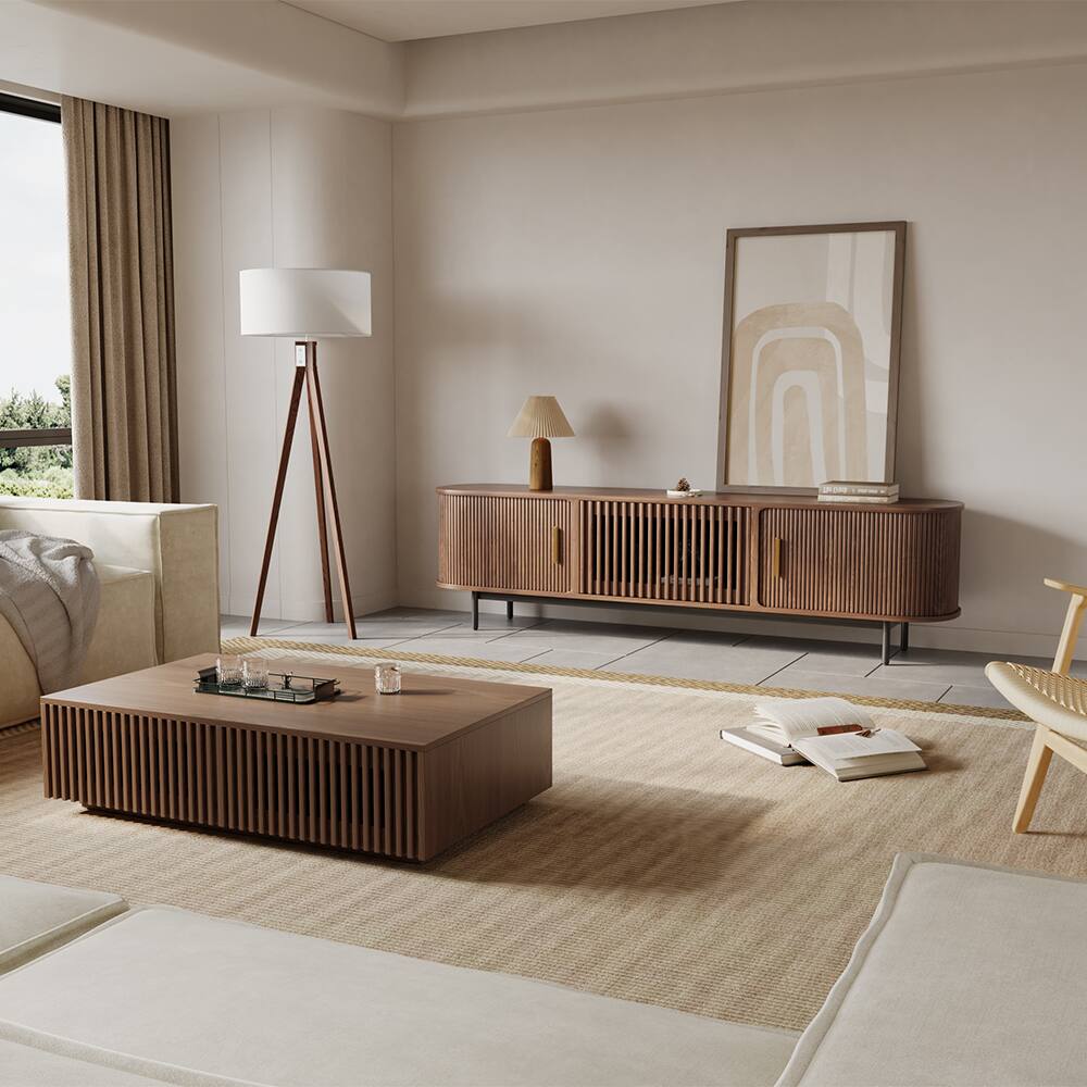 Left. POVISON - 79"Mid-Century Modern Tambour Door TV Stand - Walnut.