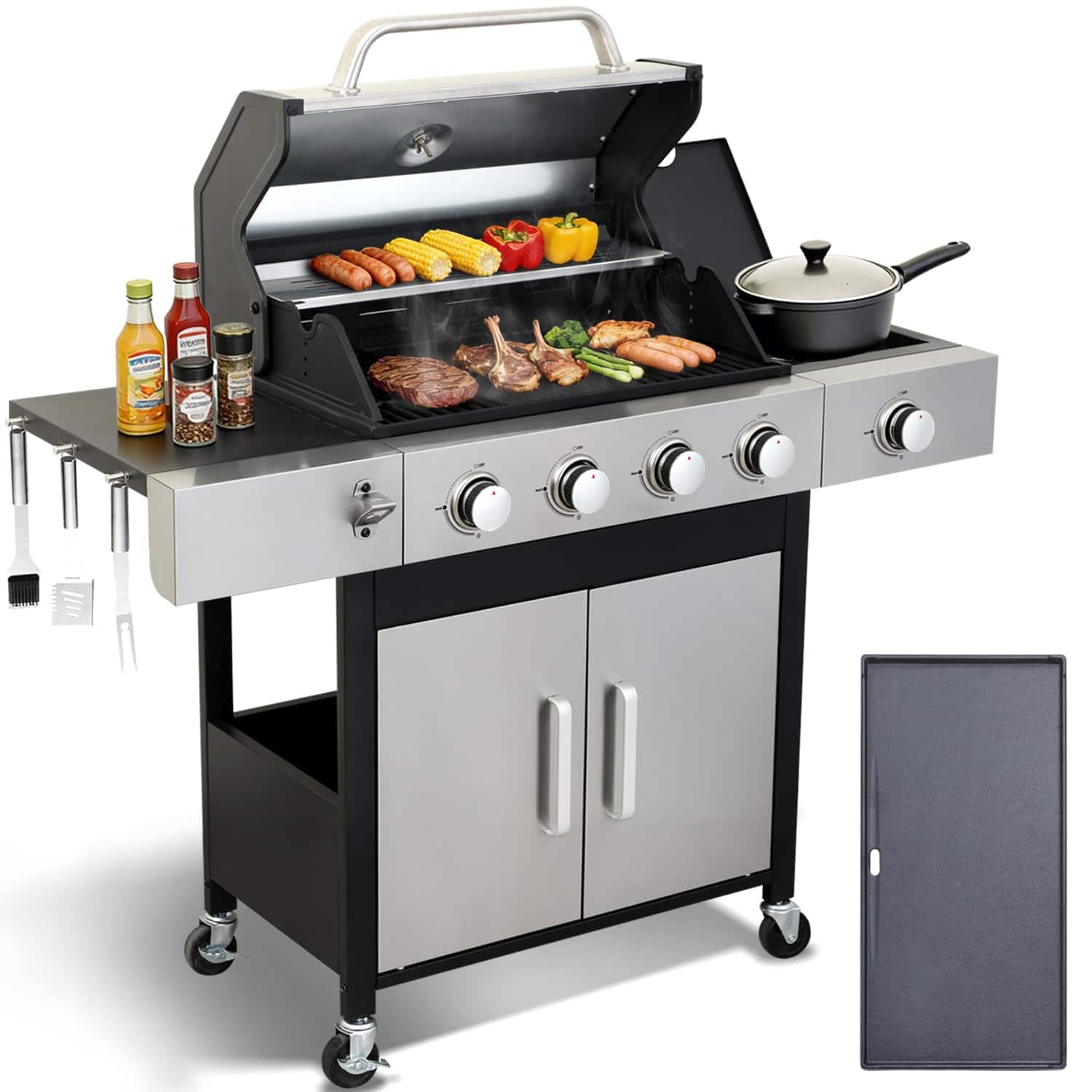 GlowWise - 49,000 BTU 4-Burner Propane Grill, Cast Iron, Side Burner, Storage & Oil Tray for Backyard, Patio - Blank