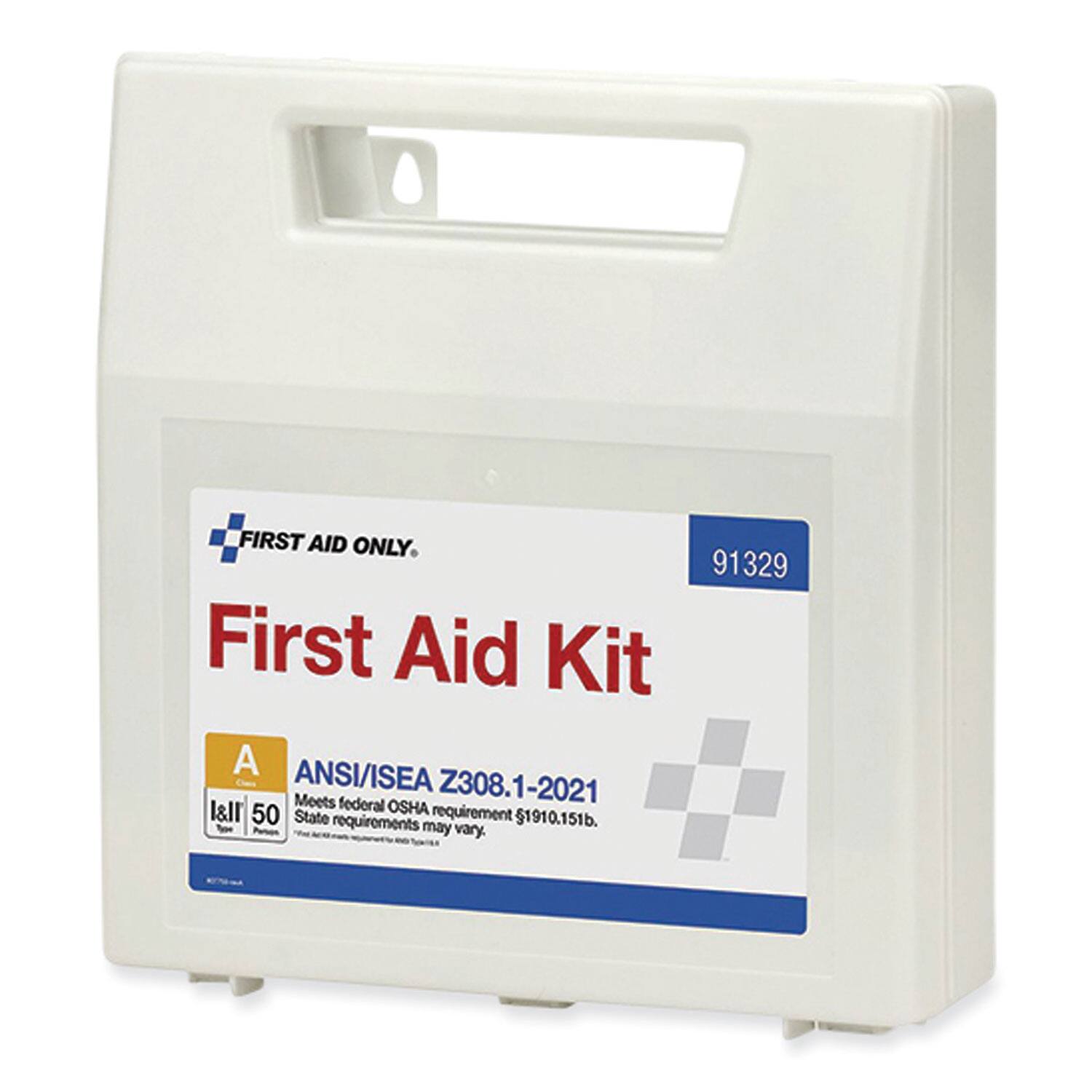 FIRST AID ONLY.  
91329 First Aid Kit  
ANSI/ISEA Z308.1-2021  
Meets federal OSHA requirement 1910.151(b).  
State requirements may vary.