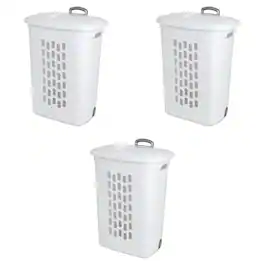 Sterilite - Laundry Hamper Flip Top Lid Retractable Pull Handle Wheels, (3 Pack) - White