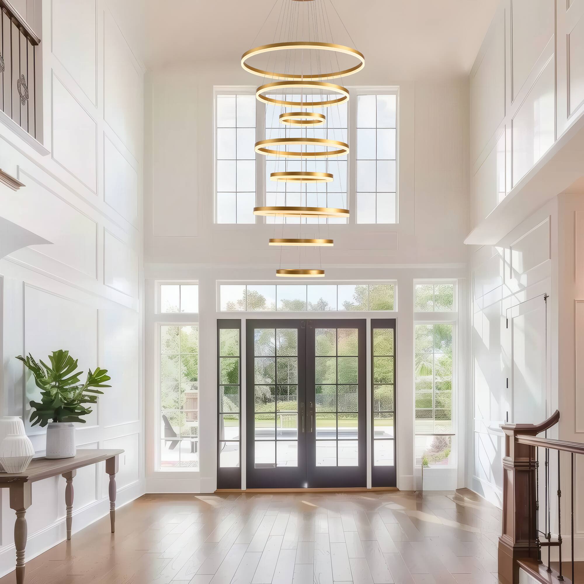 Alt View 2. RYHNUYNE - Modern 8-Ring LED Chandelier for High Ceilings, Large Adjustable Pendant Light with Remote Control Dimmable.