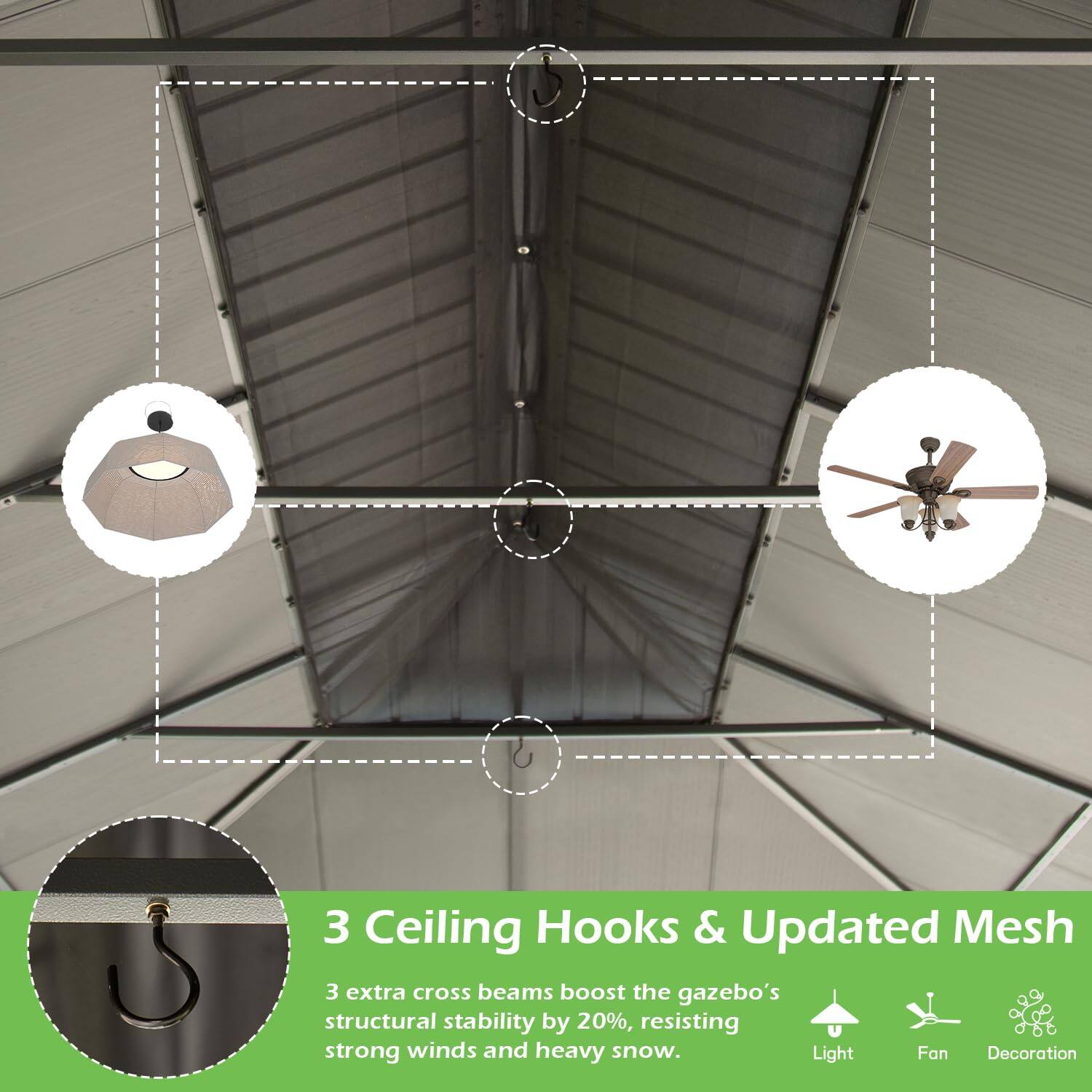 3 Ceiling Hooks & Updated Mesh  
3 extra cross beams boost the gazebo's structural stability by 20%, resisting strong winds and heavy snow.  
Light Fan Decoration