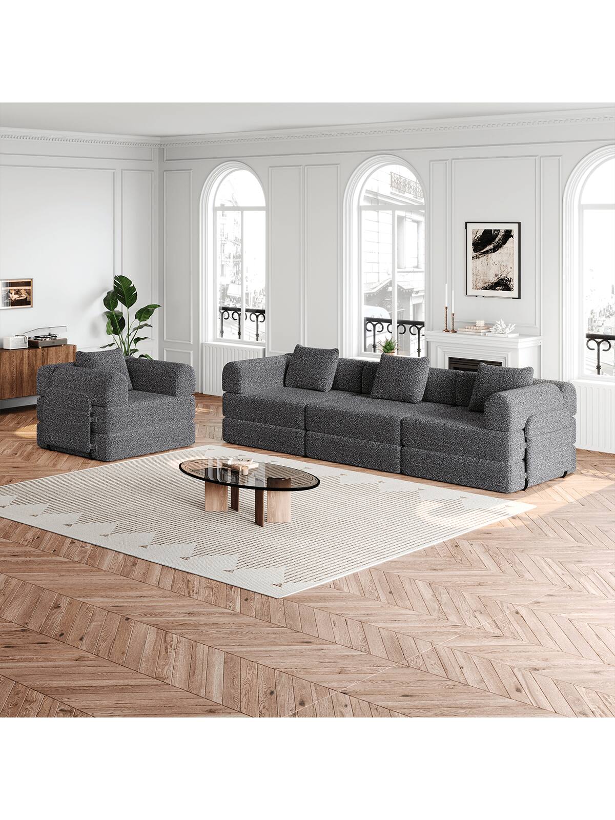 Angle. Trinkets Crazed - Convertible Sofa Bed, 72.4"+ 72.4" Sectional Couch 4-Seater With Storage Pockets Modular Sleeper Couch - Gray.