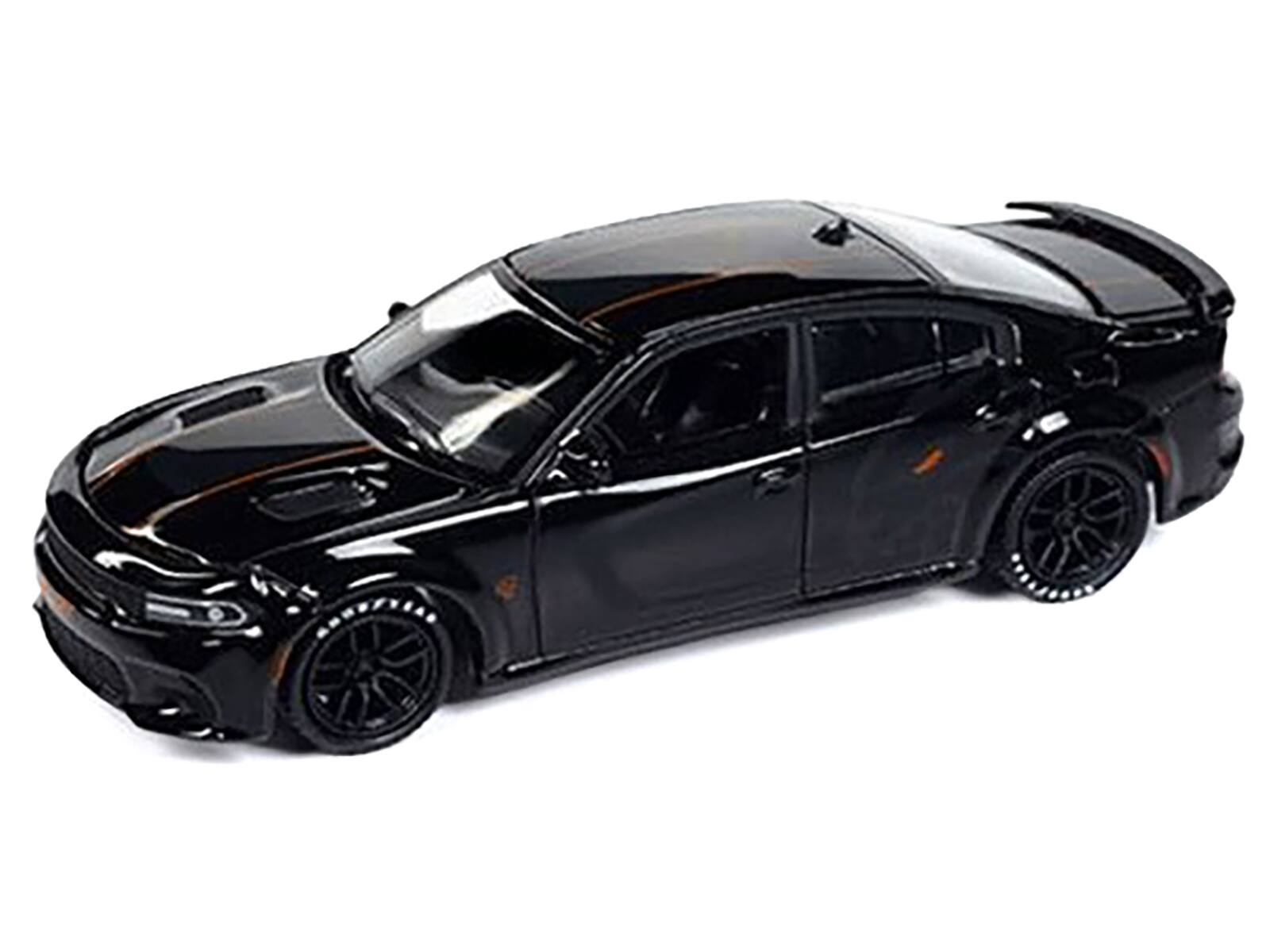 Angle. Autoworld - 2021 Dodge Charger SRT Hellcat Black with Graphics and Orange Stripes Limited Edition to 4800 pieces Worldwide 1/64 - Black.