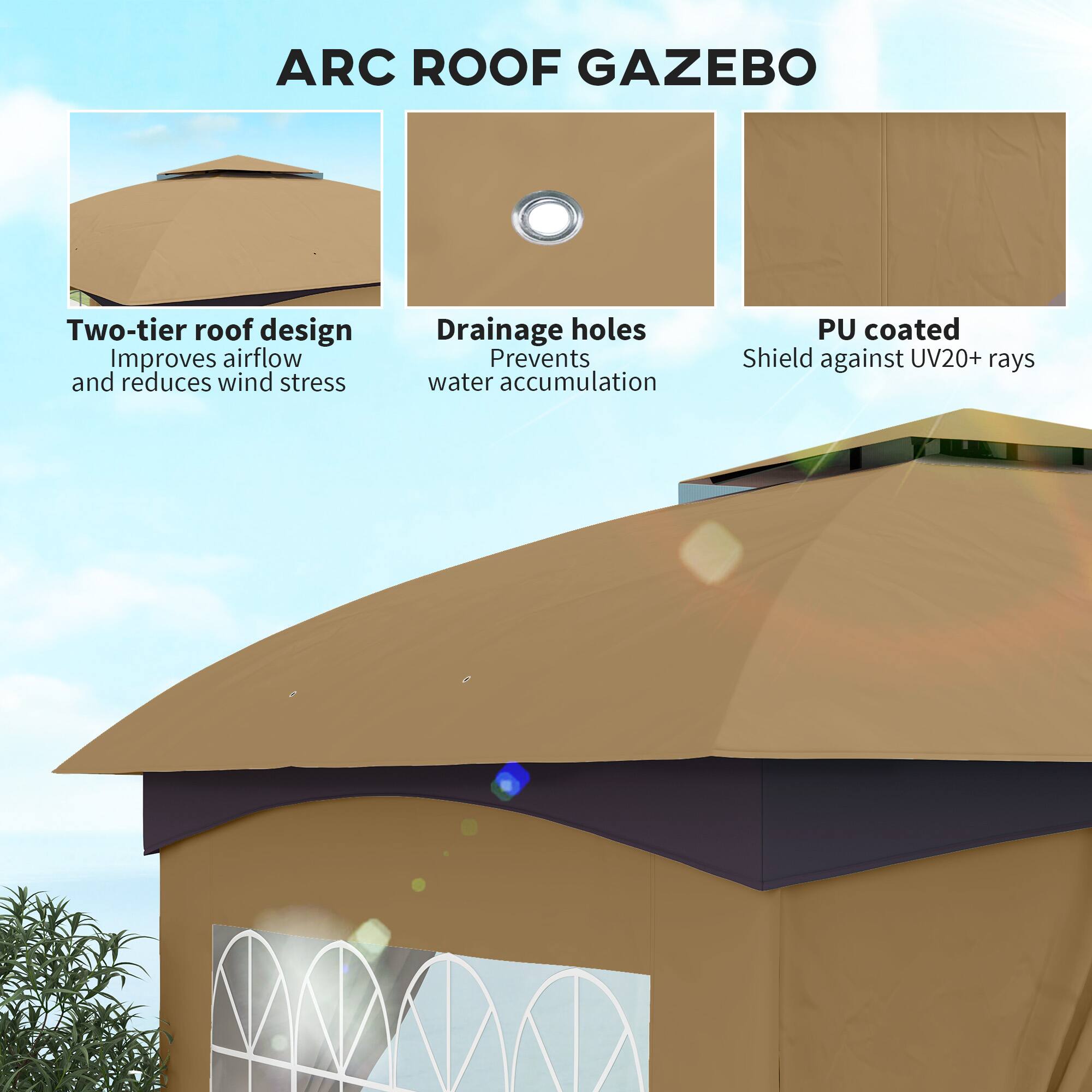 ARC ROOF GAZEBO

Two-tier roof design
Improves airflow and reduces wind stress

Drainage holes
Prevents water accumulation

PU coated
Shield against UV20+ rays