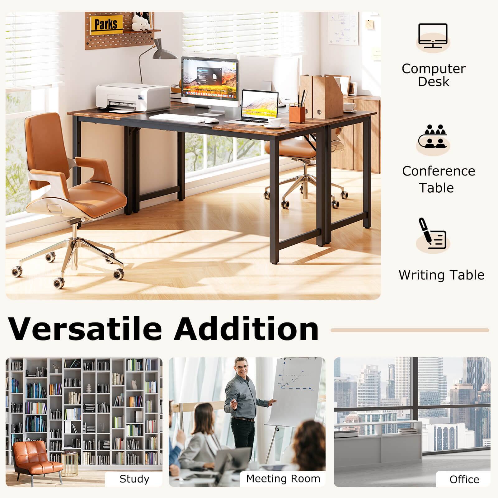 The image features a versatile addition to an office, which includes a computer desk, conference table, and writing table. The desk is equipped with a computer, keyboard, and mouse, while the conference table is accompanied by chairs. The writing table is also present, providing a comfortable space for studying or meetings. The office is further enhanced by the presence of a bookshelf filled with books, creating a well-organized and functional workspace.