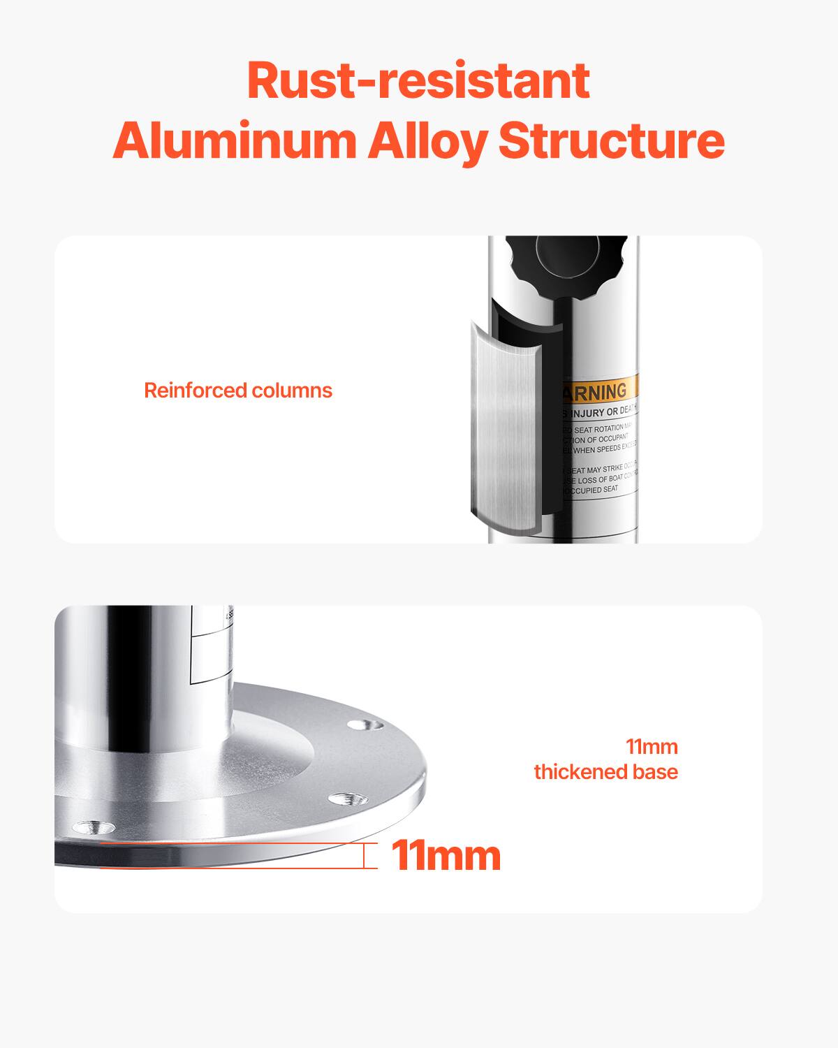 Rust-resistant Aluminum Alloy Structure
Reinforced columns
11mm thickened base
11mm