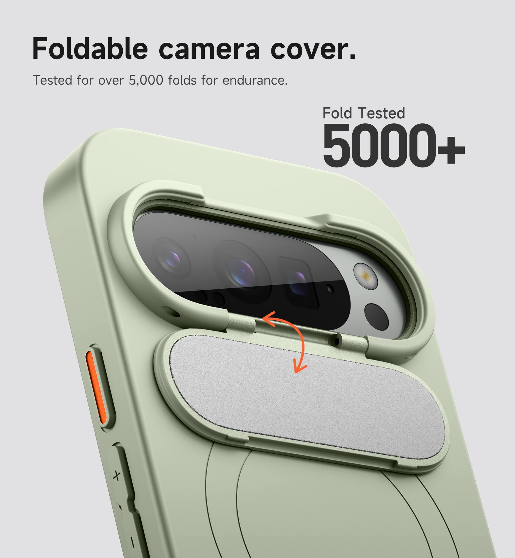 Foldable camera cover.  
Tested for over 5,000 folds for endurance.  
Fold Tested 5000+