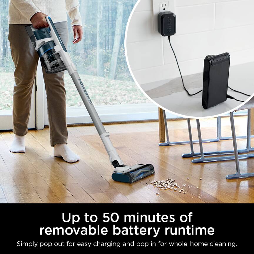 Shark POWERPRO  
Up to 50 minutes of removable battery runtime  
Simply pop out for easy charging and pop in for whole-home cleaning.