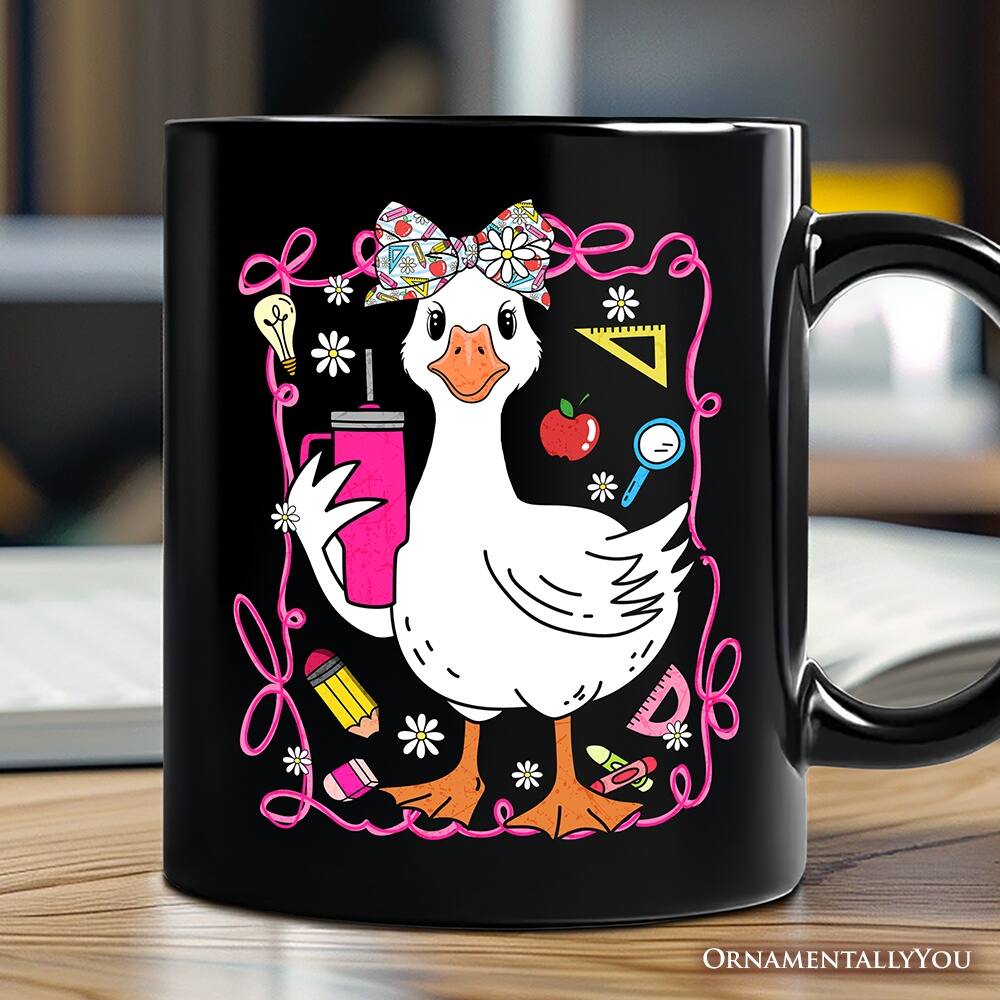 Back. OrnamentallyYou - Coquette Teacher Goose Mug, Funny Gift - Black.