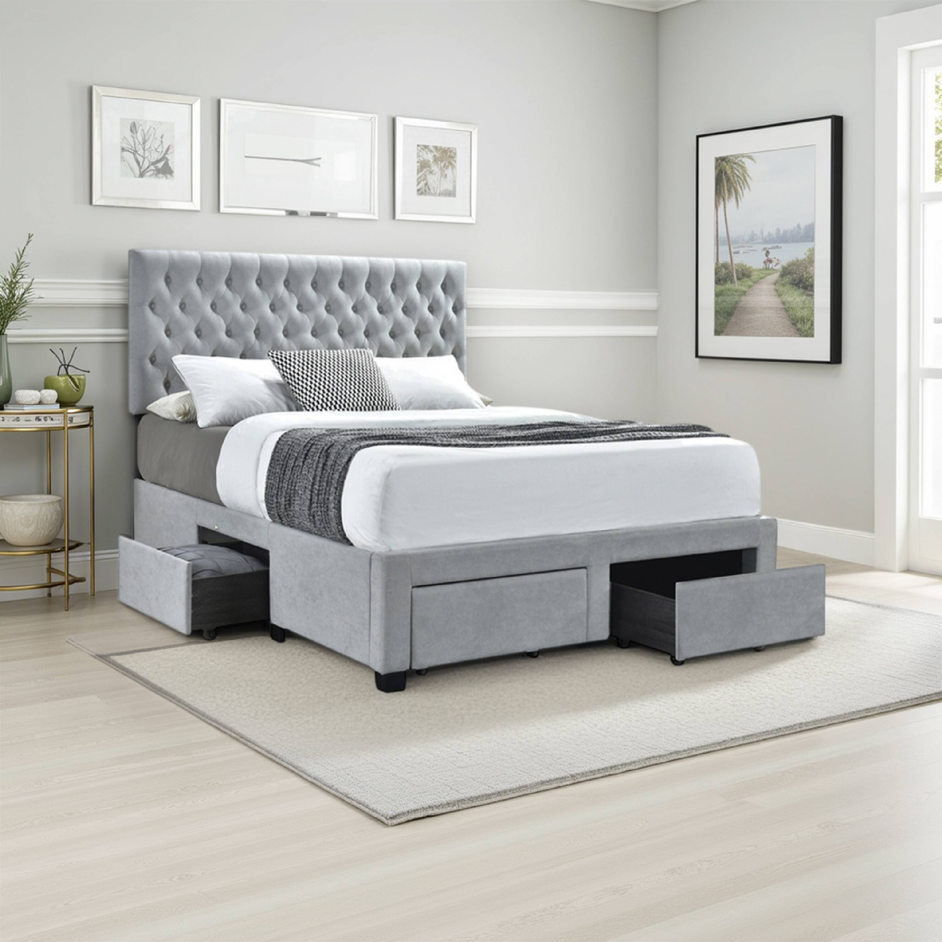 Alt View 5. Manhattan Lane - Fabric Upholstered Wooden Queen Size Bed with Bottom Drawers - Gray.