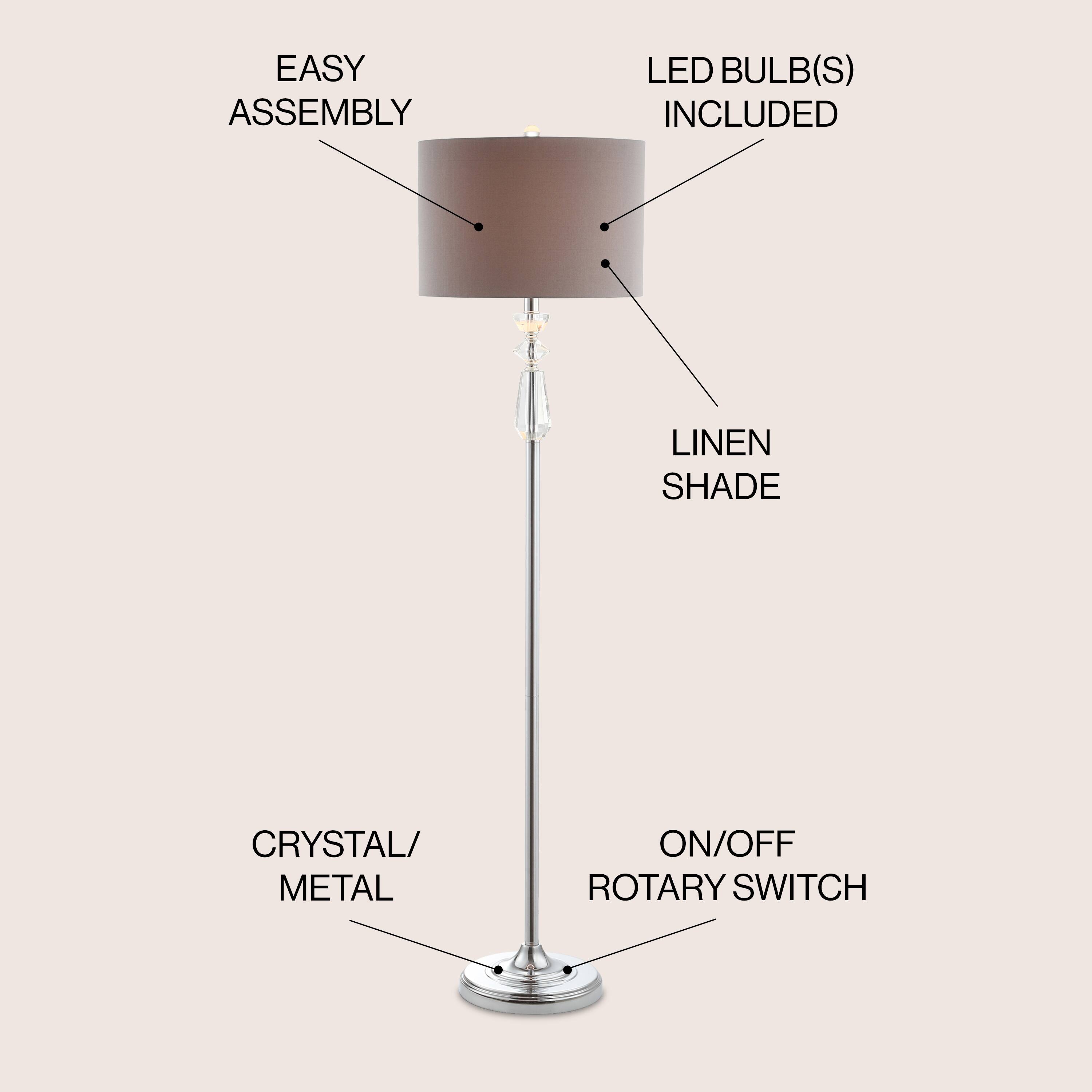 EASY ASSEMBLY  
LED BULB(S) INCLUDED  
LINEN SHADE  
CRYSTAL/METAL  
ON/OFF ROTARY SWITCH